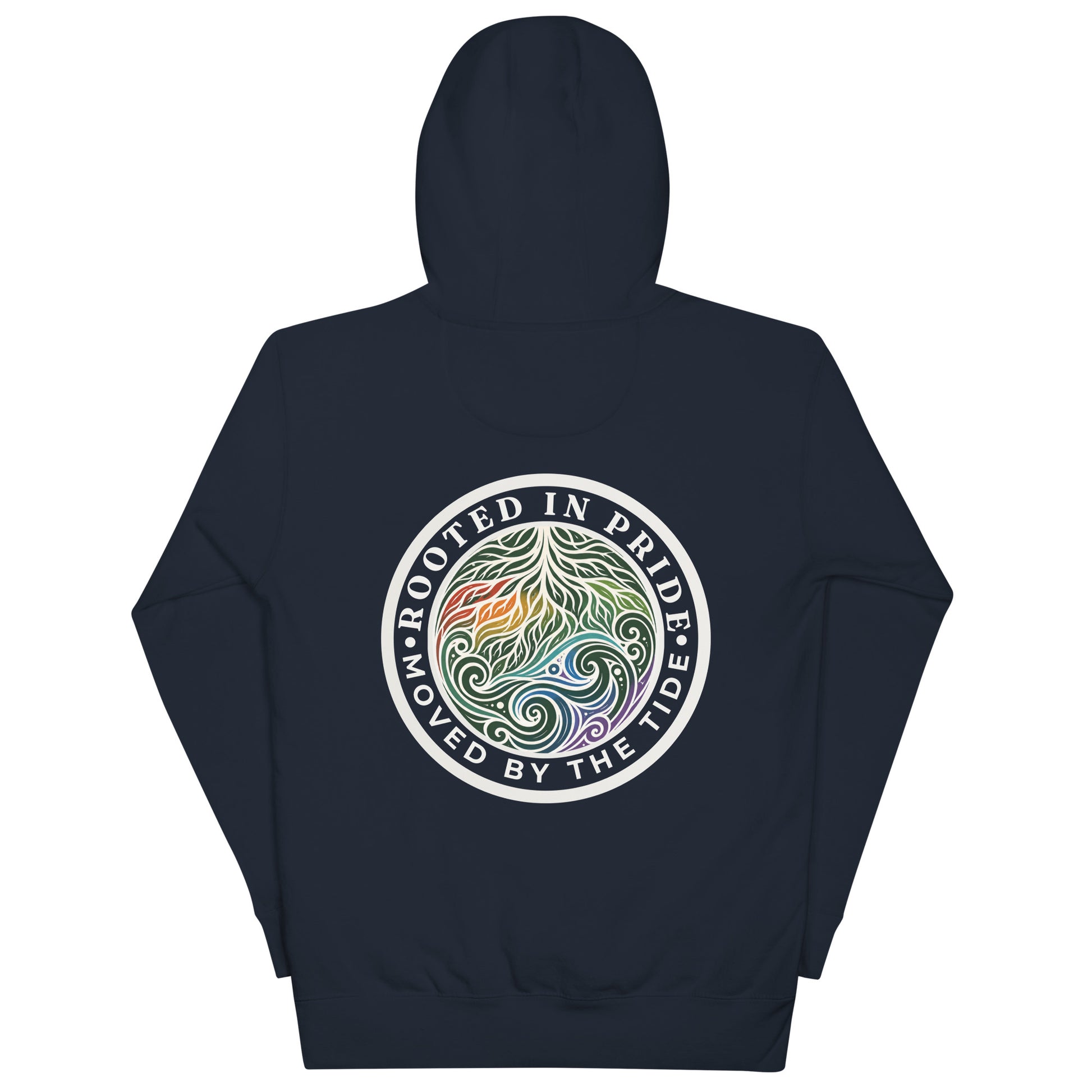 Moved by the Tide Hoodie — navy blazer, back view, queer-owned PNW Pride apparel