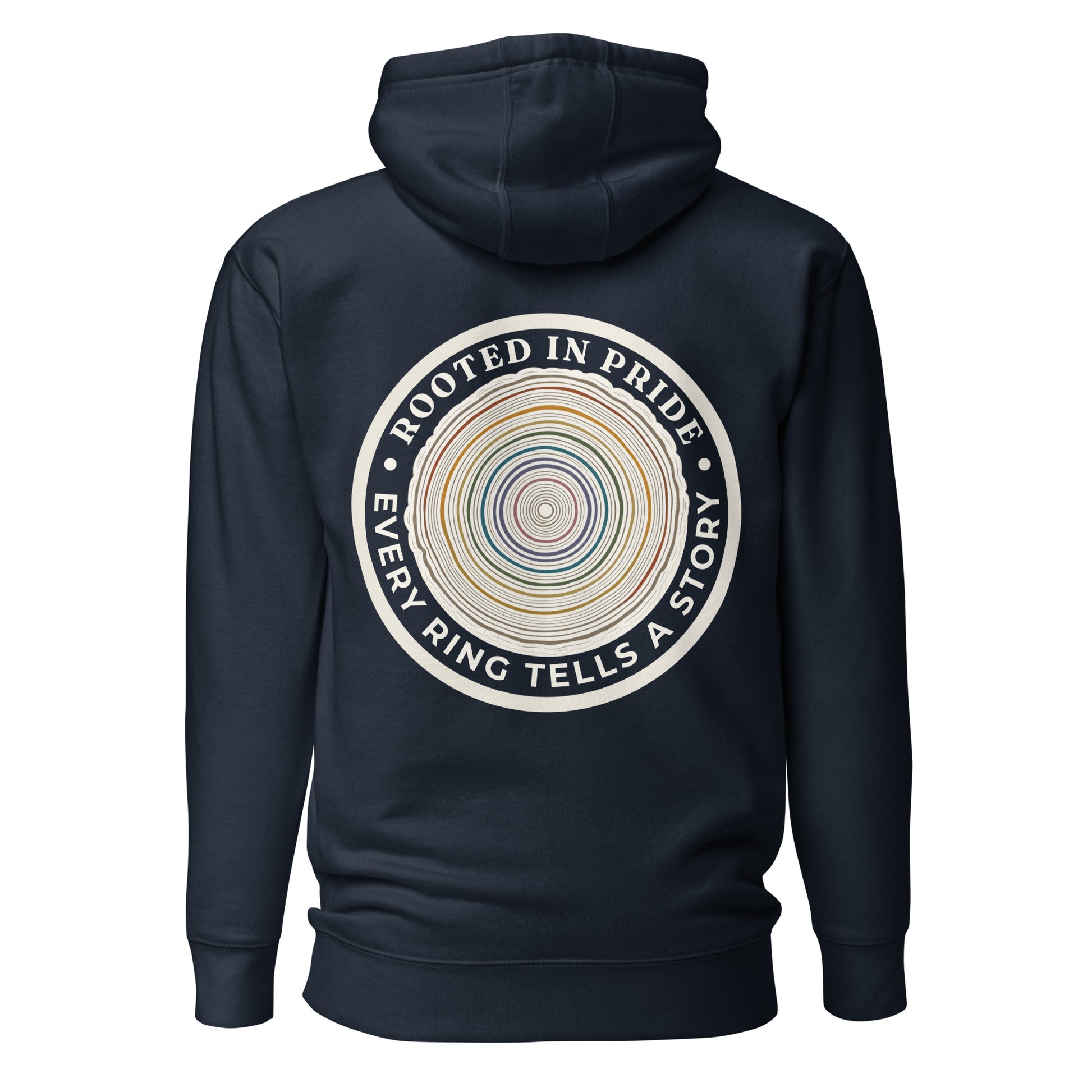 Quiet Rings Hoodie — navy blazer, back view, queer-owned PNW Pride apparel