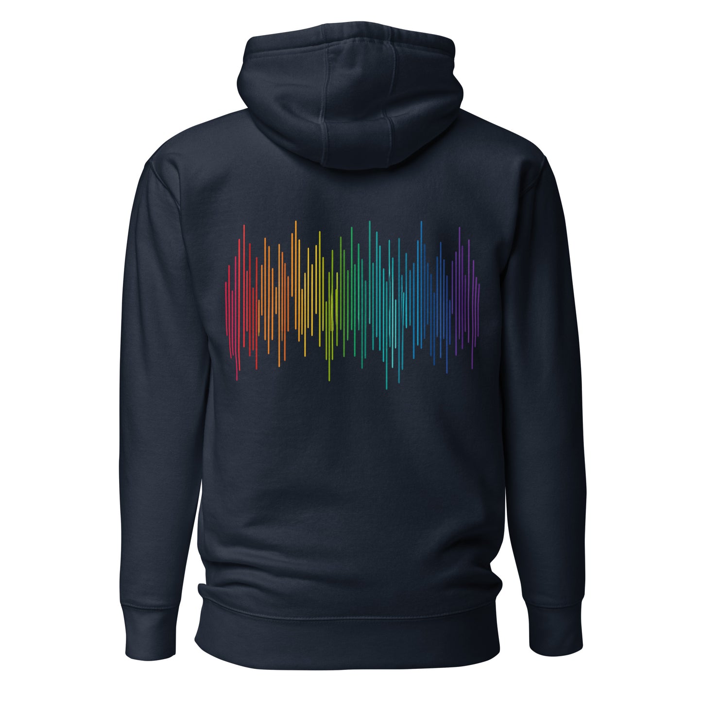 PrideFall Hoodie — navy blazer, back view, queer-owned PNW Pride apparel