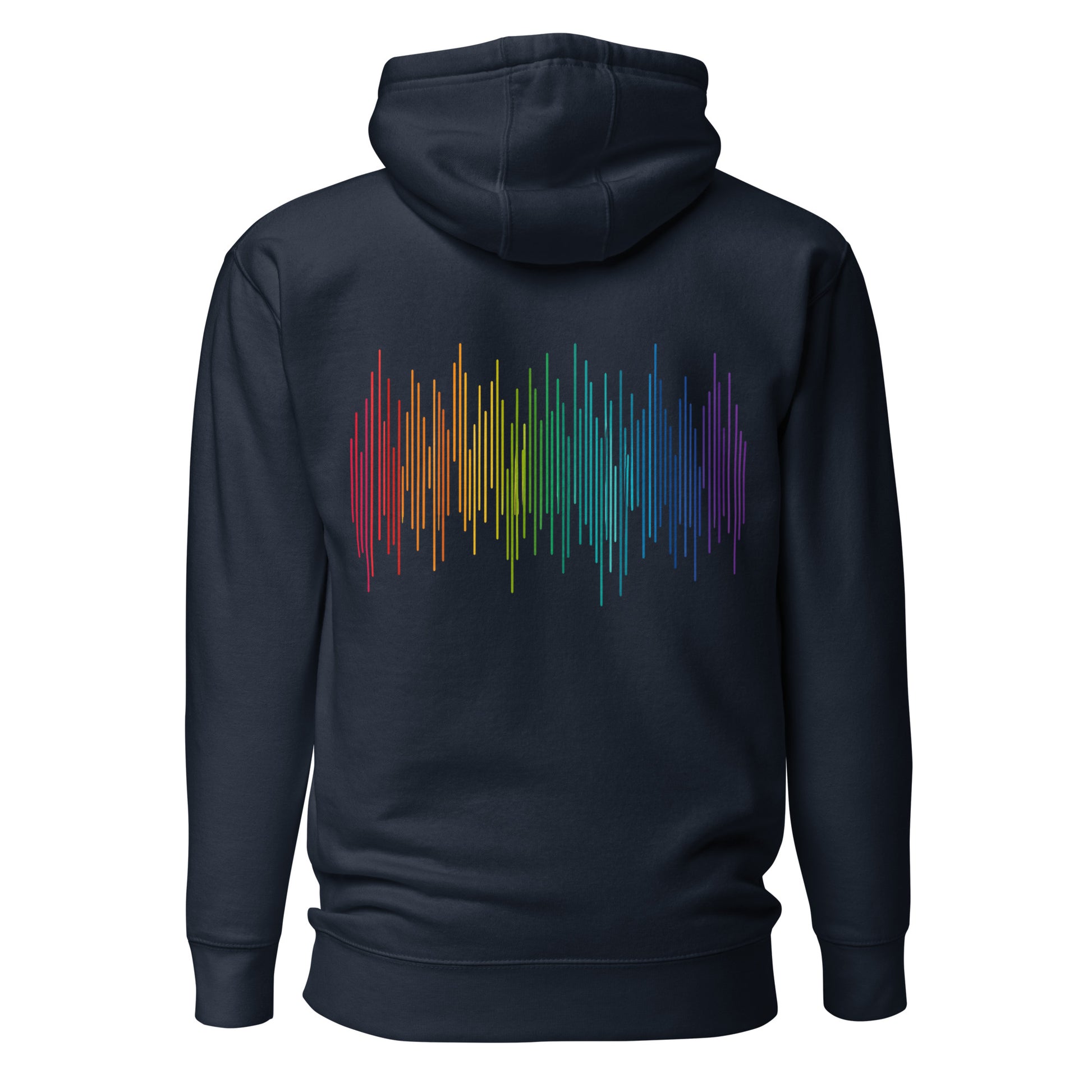 PrideFall Hoodie — navy blazer, back view, queer-owned PNW Pride apparel