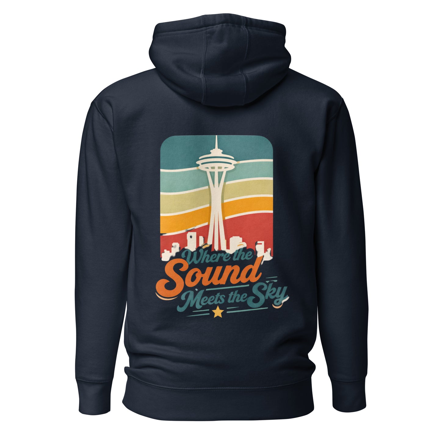 Where the Sound Meets the Sky Hoodie — navy blazer, back view, queer-owned PNW Pride apparel