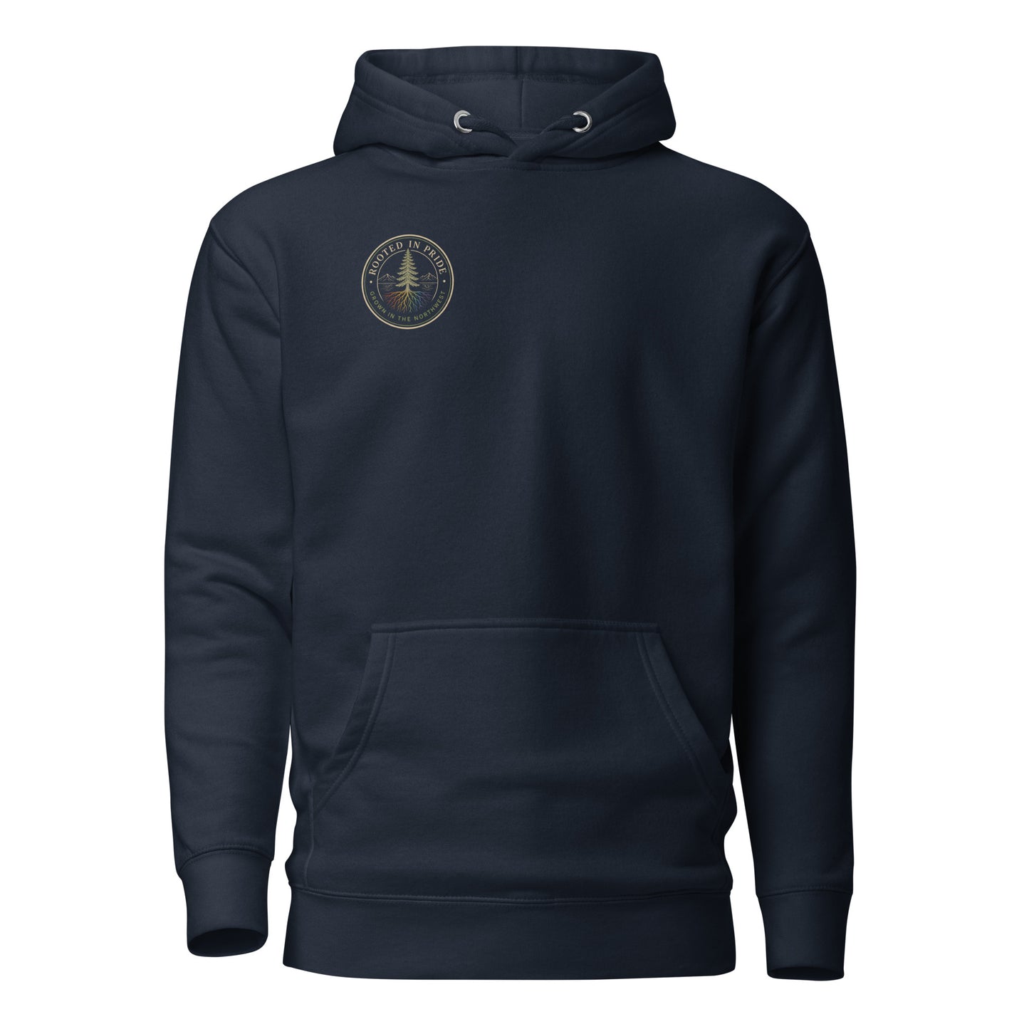 Beneath the Canopy Hoodie — navy blazer, front view, queer-owned PNW Pride apparel