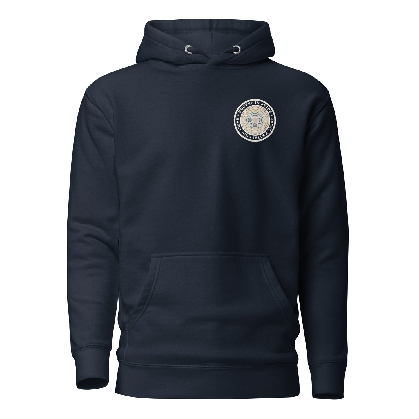 Quiet Rings Hoodie — navy blazer, front view, queer-owned PNW Pride apparel