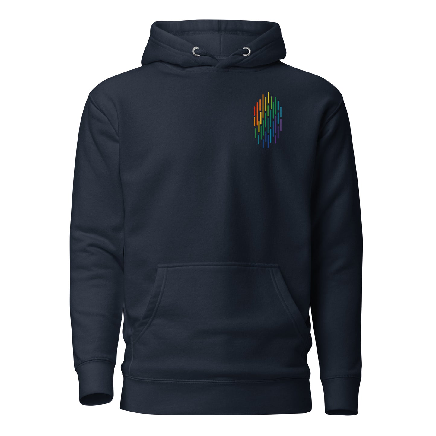 PrideFall Hoodie — navy blazer, front view, queer-owned PNW Pride apparel