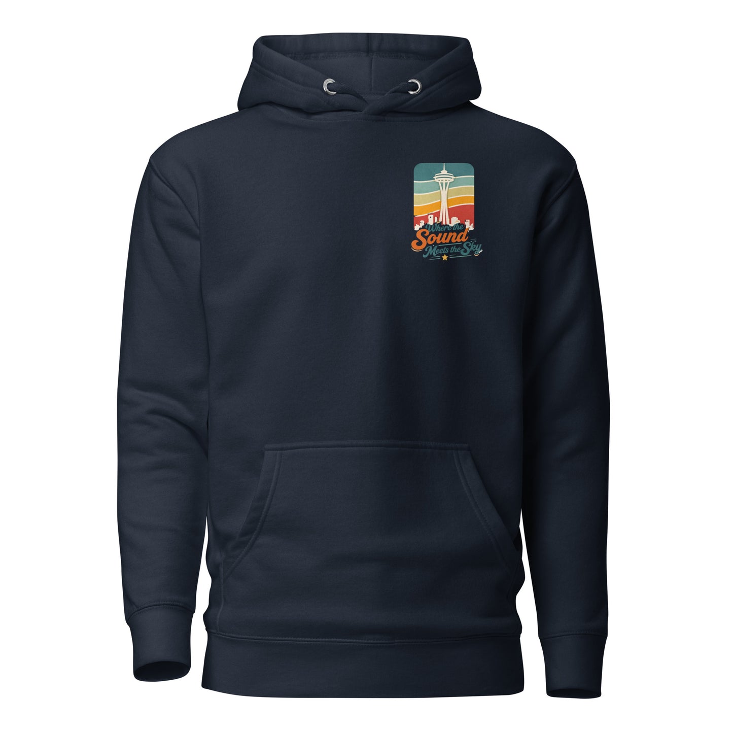 Where the Sound Meets the Sky Hoodie — navy blazer, front view, queer-owned PNW Pride apparel
