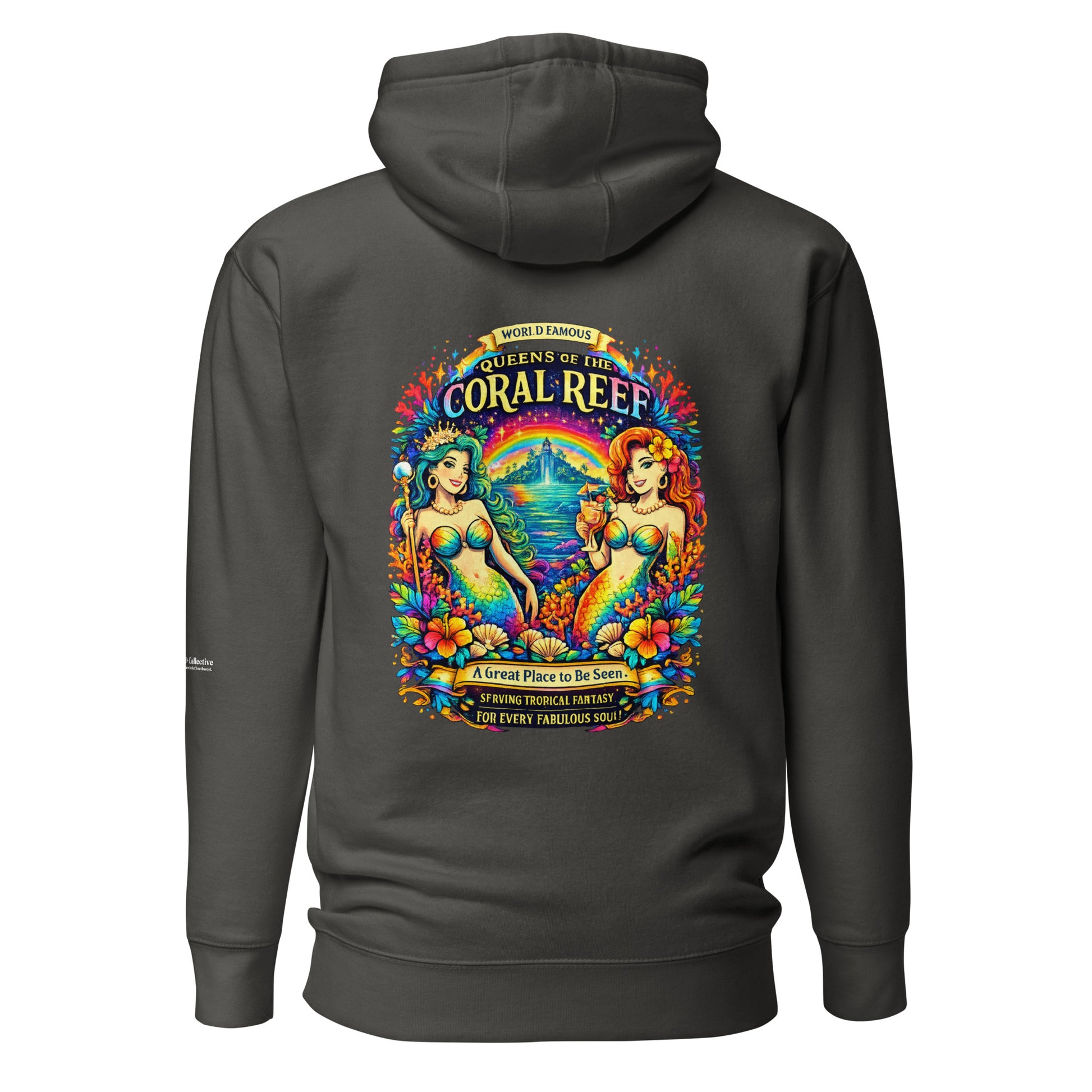 Queens of the Coral Reef Hoodie — vintage black, back view, queer-owned PNW Pride apparel