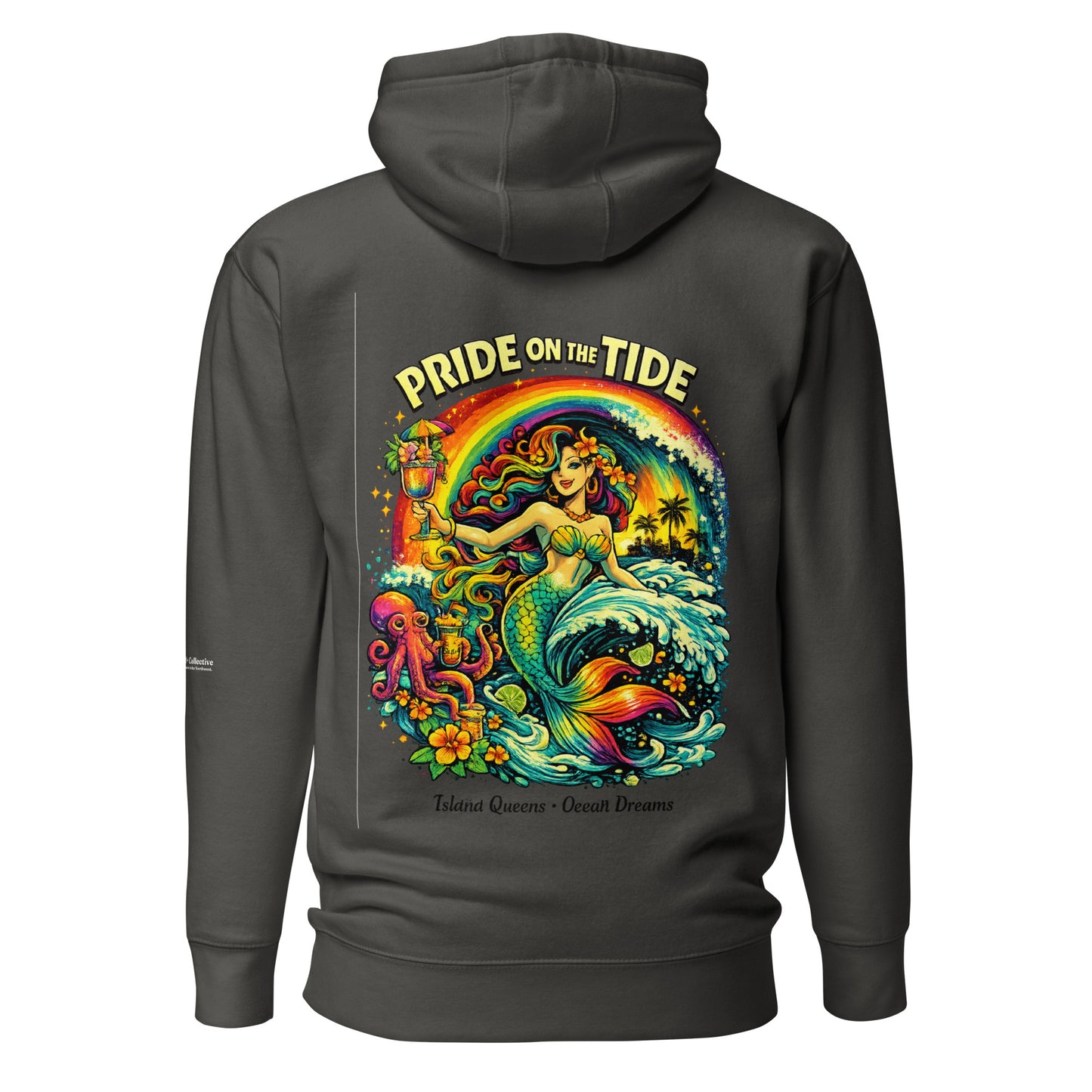 Pride on the Tide Hoodie — vintage black, back view, queer-owned PNW Pride apparel