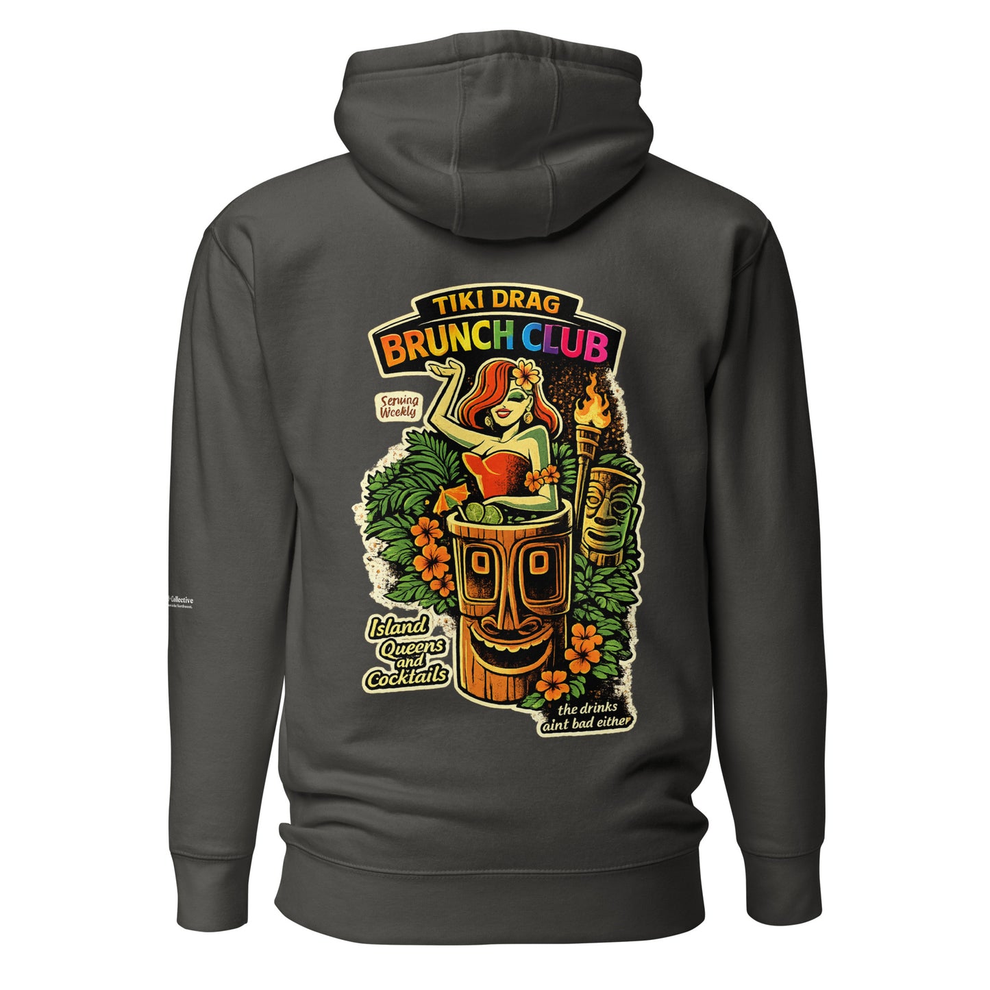 Tiki Drag Brunch Hoodie — vintage black, back view, queer-owned PNW Pride apparel