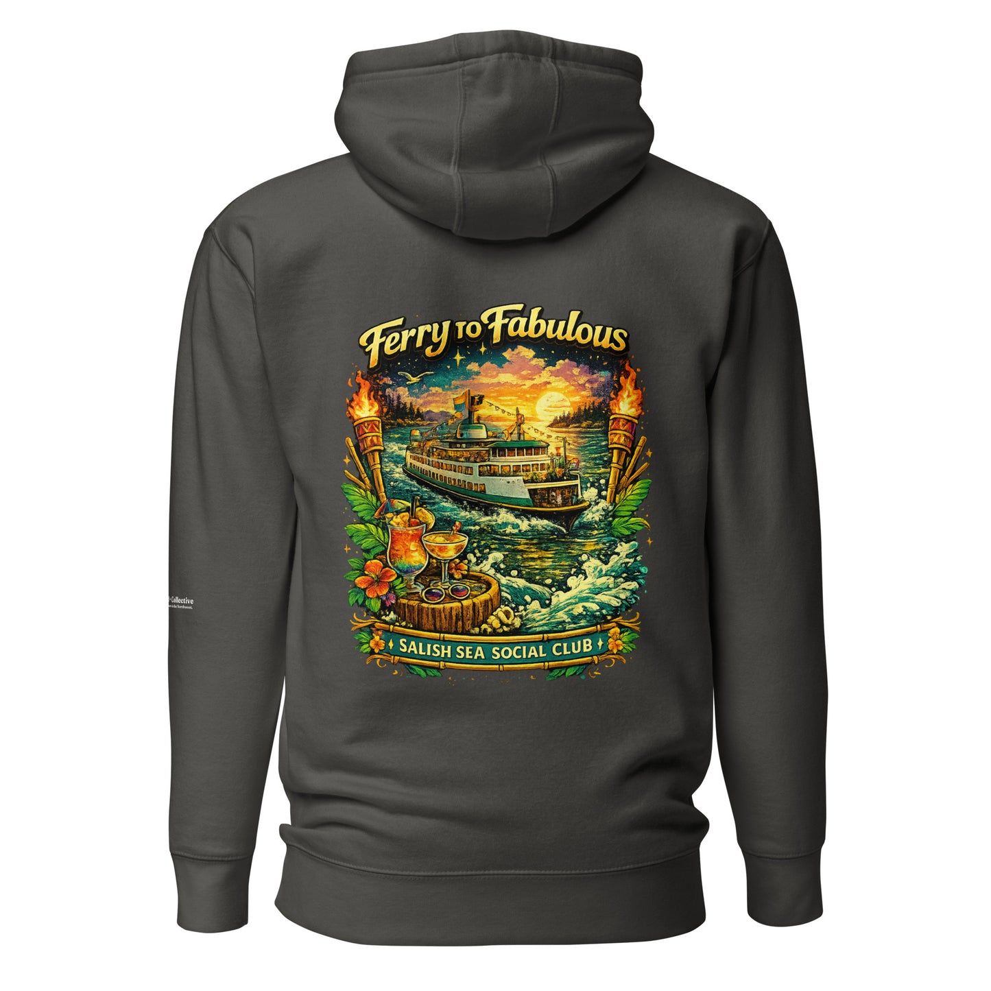 Ferry to Fabulous Hoodie — vintage black, back view, queer-owned PNW Pride apparel