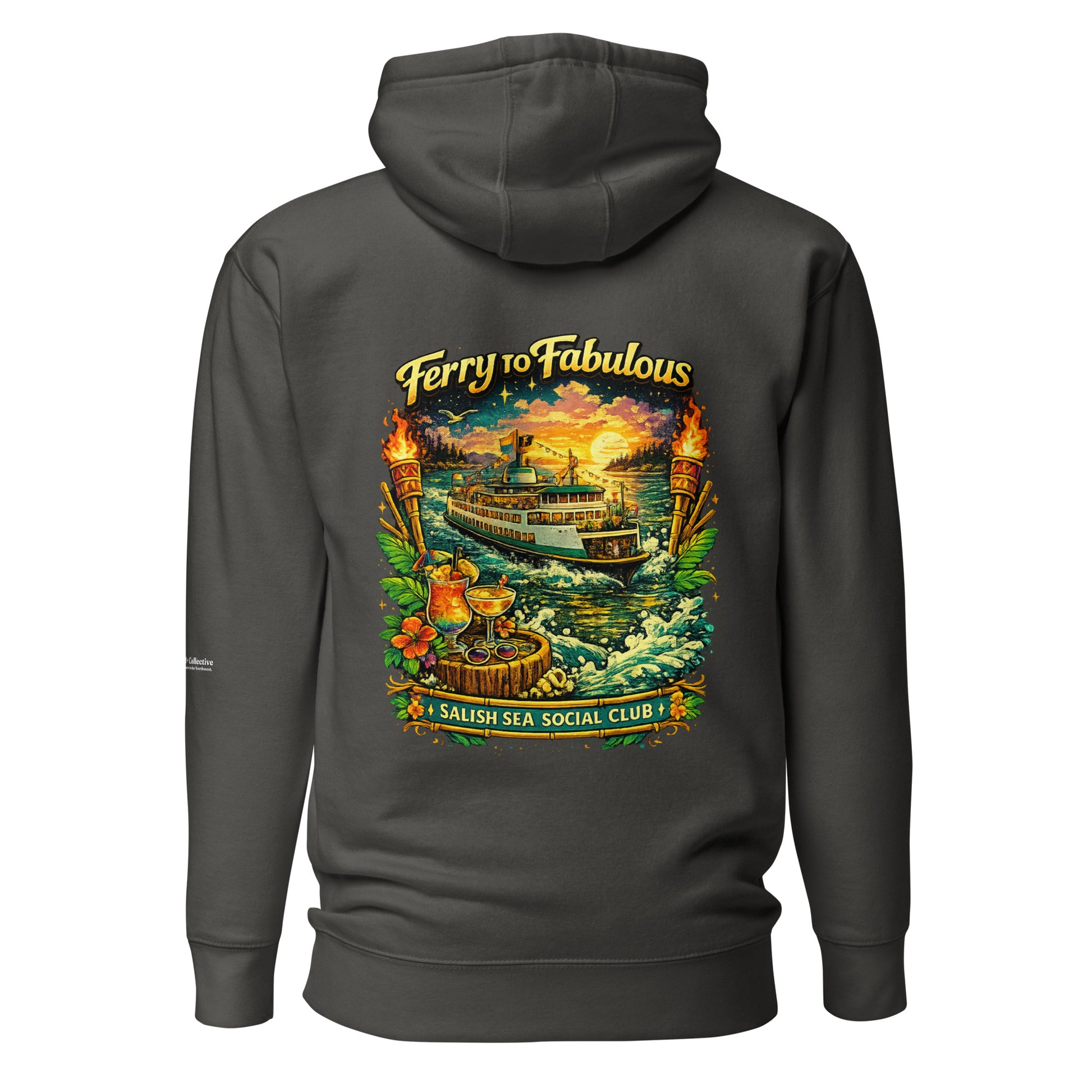 Ferry to Fabulous Hoodie — vintage black, back view, queer-owned PNW Pride apparel