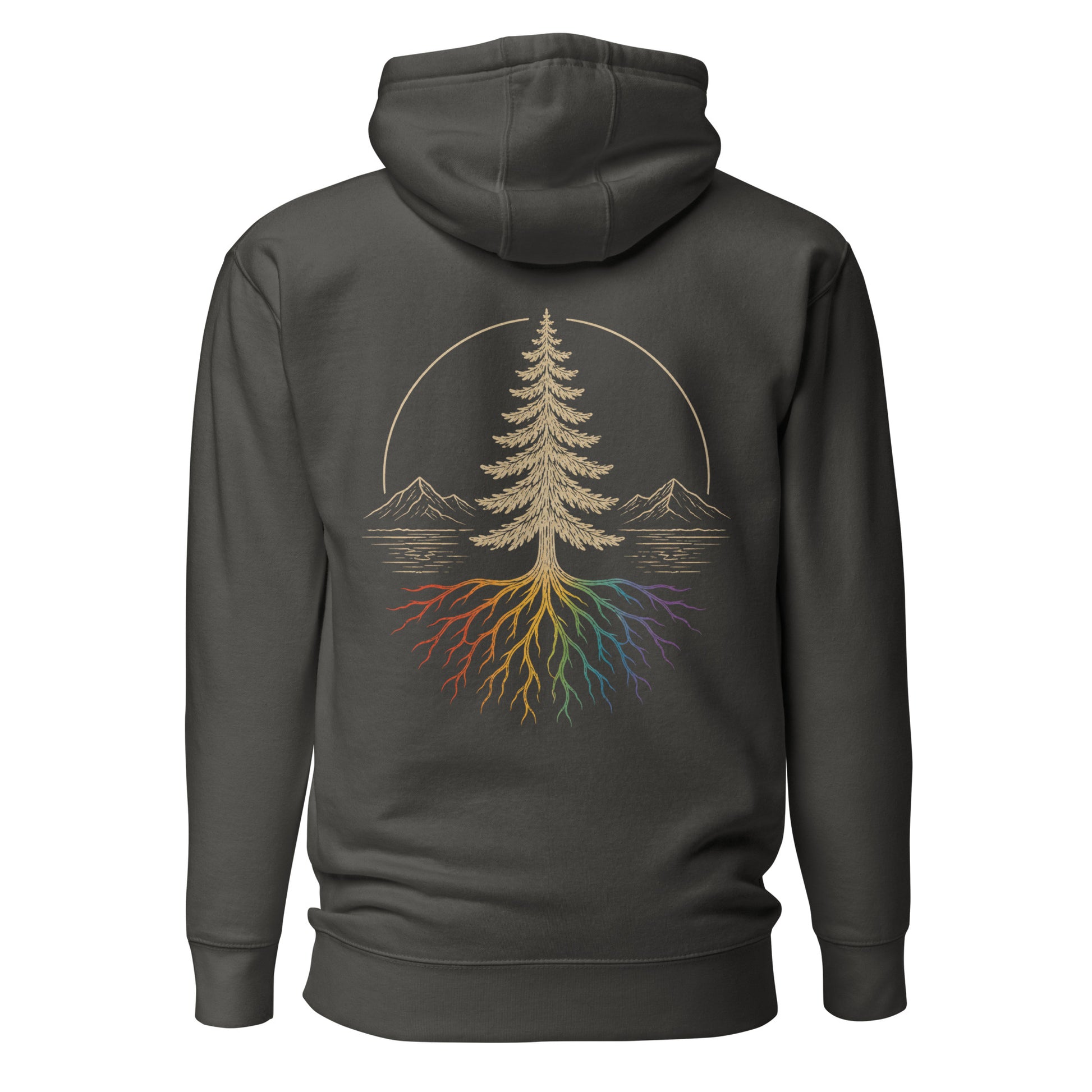 Beneath the Canopy Hoodie — vintage black, back view, queer-owned PNW Pride apparel