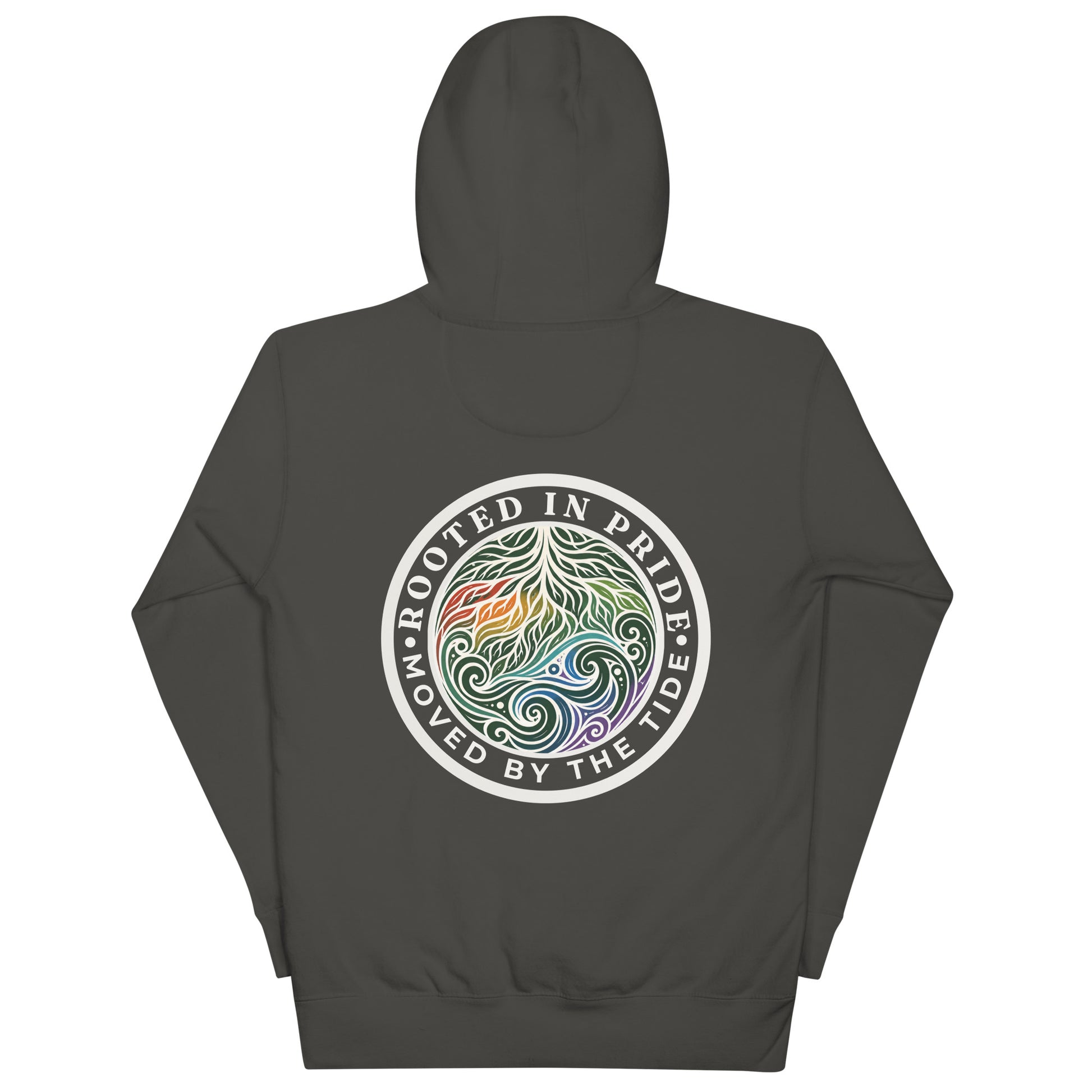 Moved by the Tide Hoodie — vintage black, back view, queer-owned PNW Pride apparel