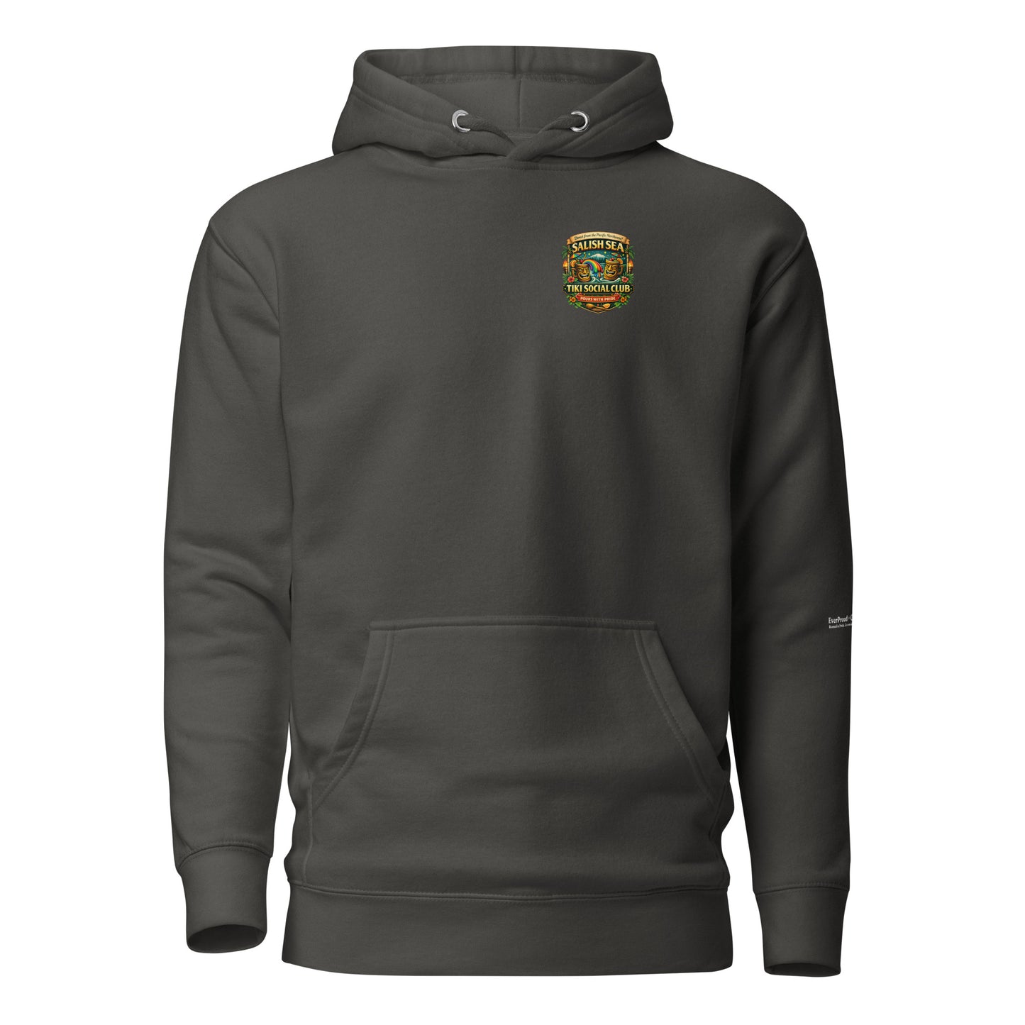 Tiki Drag Brunch Hoodie — vintage black, front view, queer-owned PNW Pride apparel