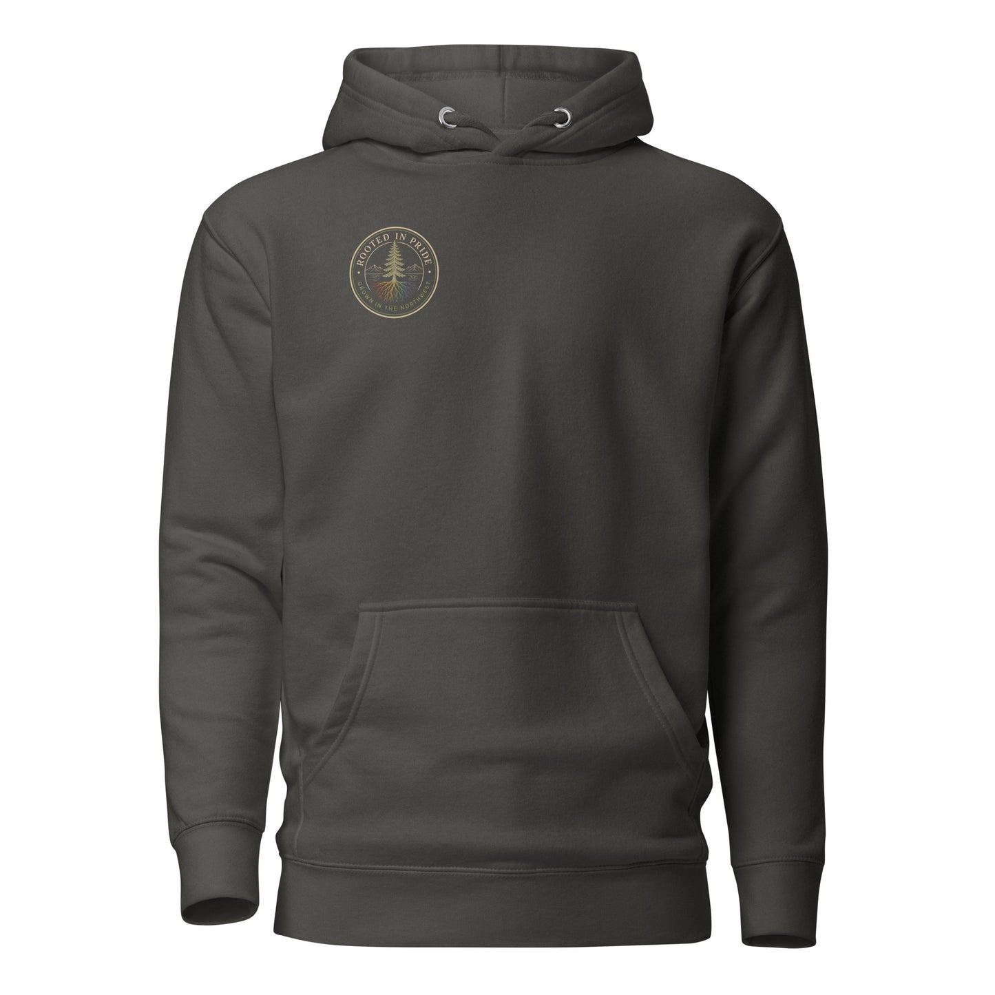 Beneath the Canopy Hoodie — vintage black, front view, queer-owned PNW Pride apparel