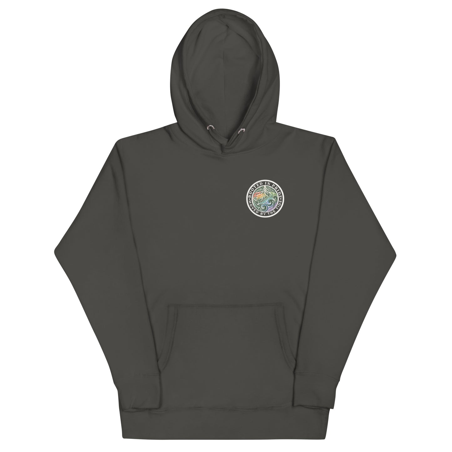 Moved by the Tide Hoodie — vintage black, front view, queer-owned PNW Pride apparel