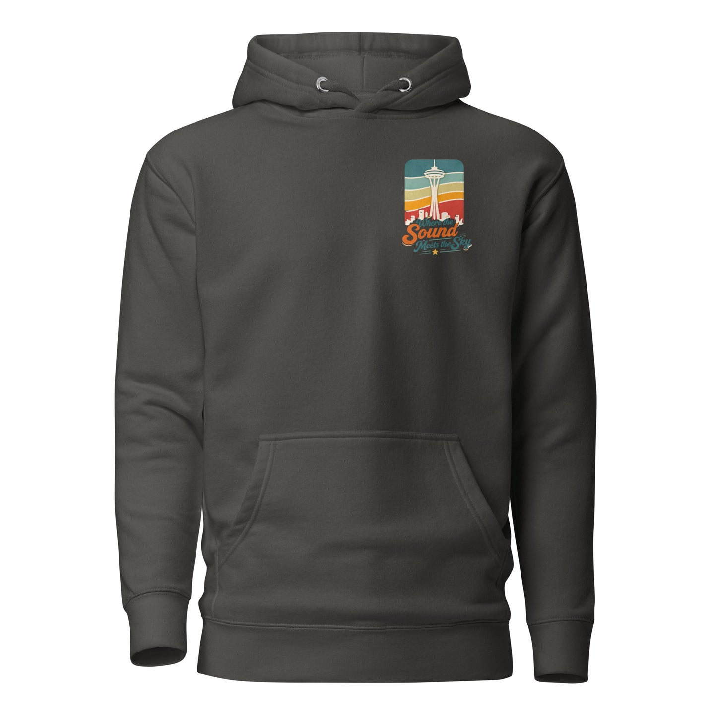 Where the Sound Meets the Sky Hoodie — vintage black, front view, queer-owned PNW Pride apparel