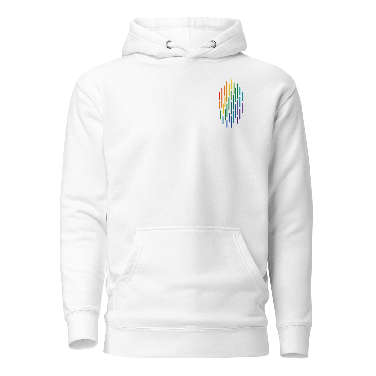 PrideFall Hoodie — white, front view, queer-owned PNW Pride apparel