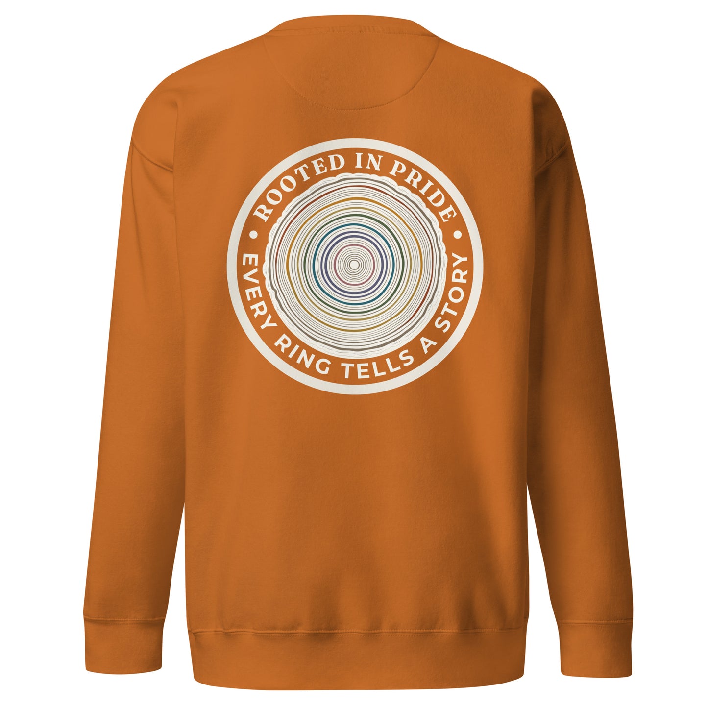 Quiet Rings Sweatshirt — adobe, back view, queer-owned PNW Pride apparel