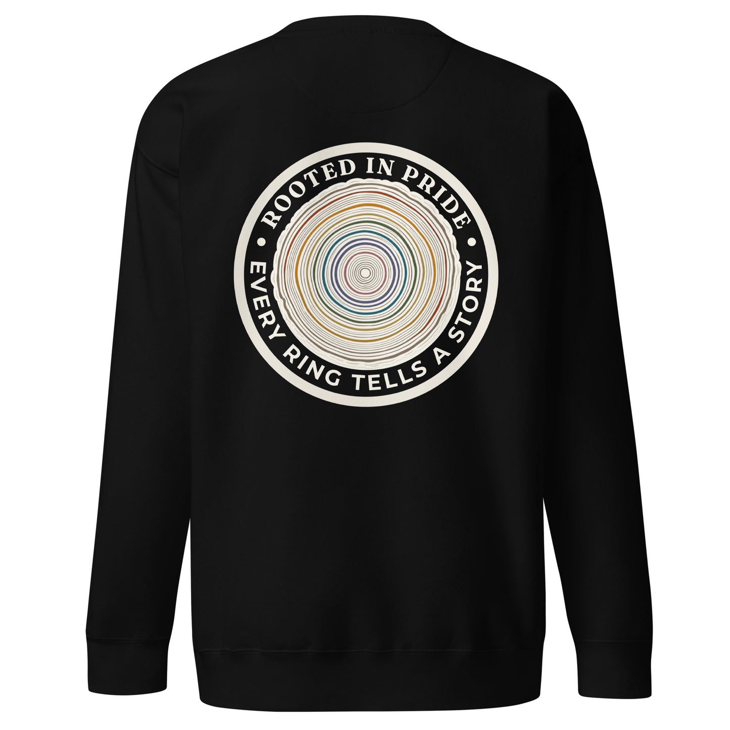 Quiet Rings Sweatshirt — black, back view, queer-owned PNW Pride apparel
