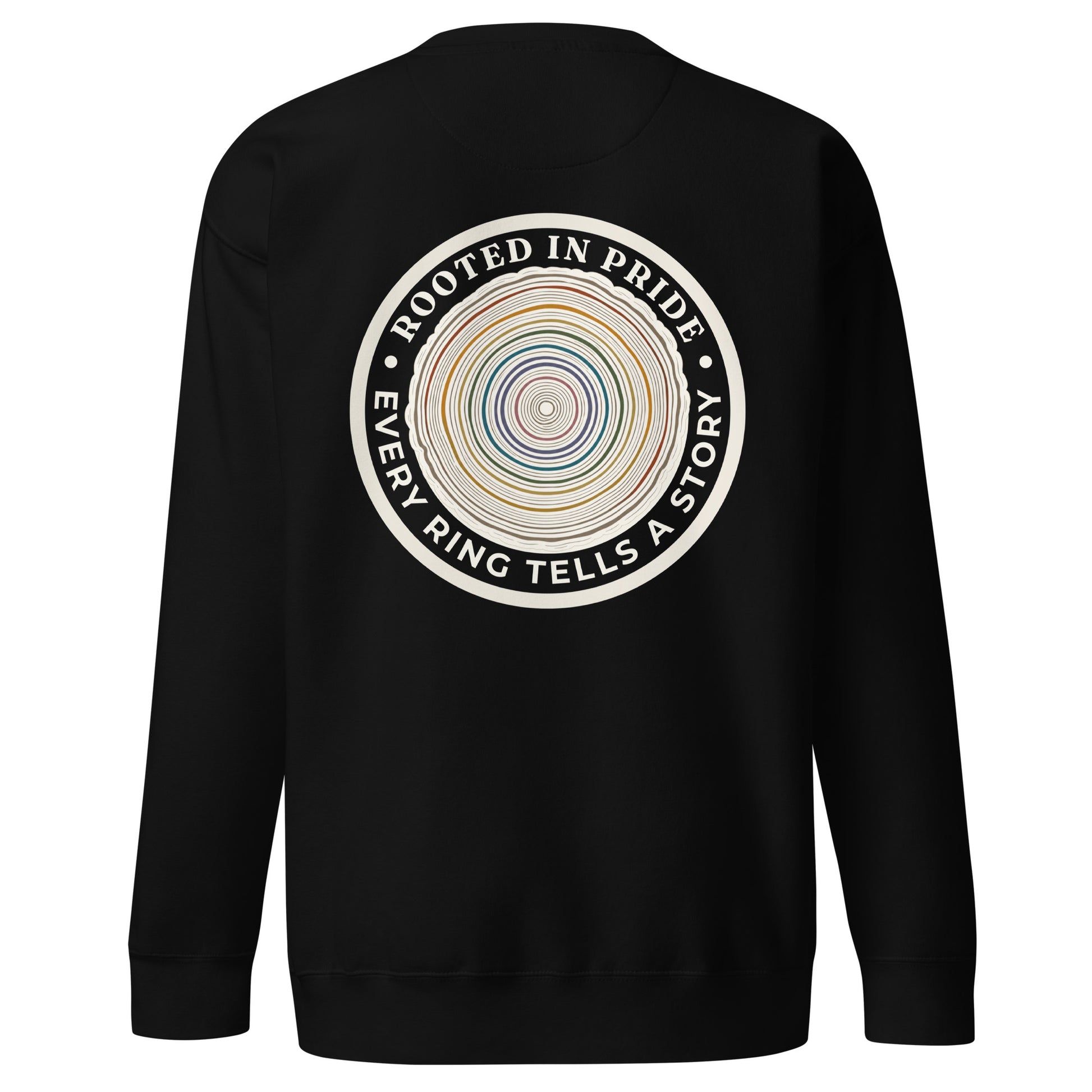 Quiet Rings Sweatshirt — black, back view, queer-owned PNW Pride apparel