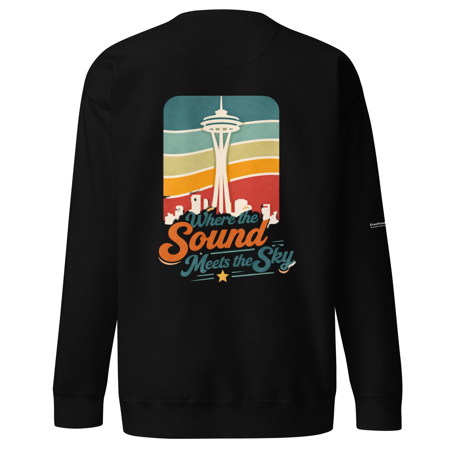 Where the Sound Meets the Sky Sweatshirt — black, back view, queer-owned PNW Pride apparel