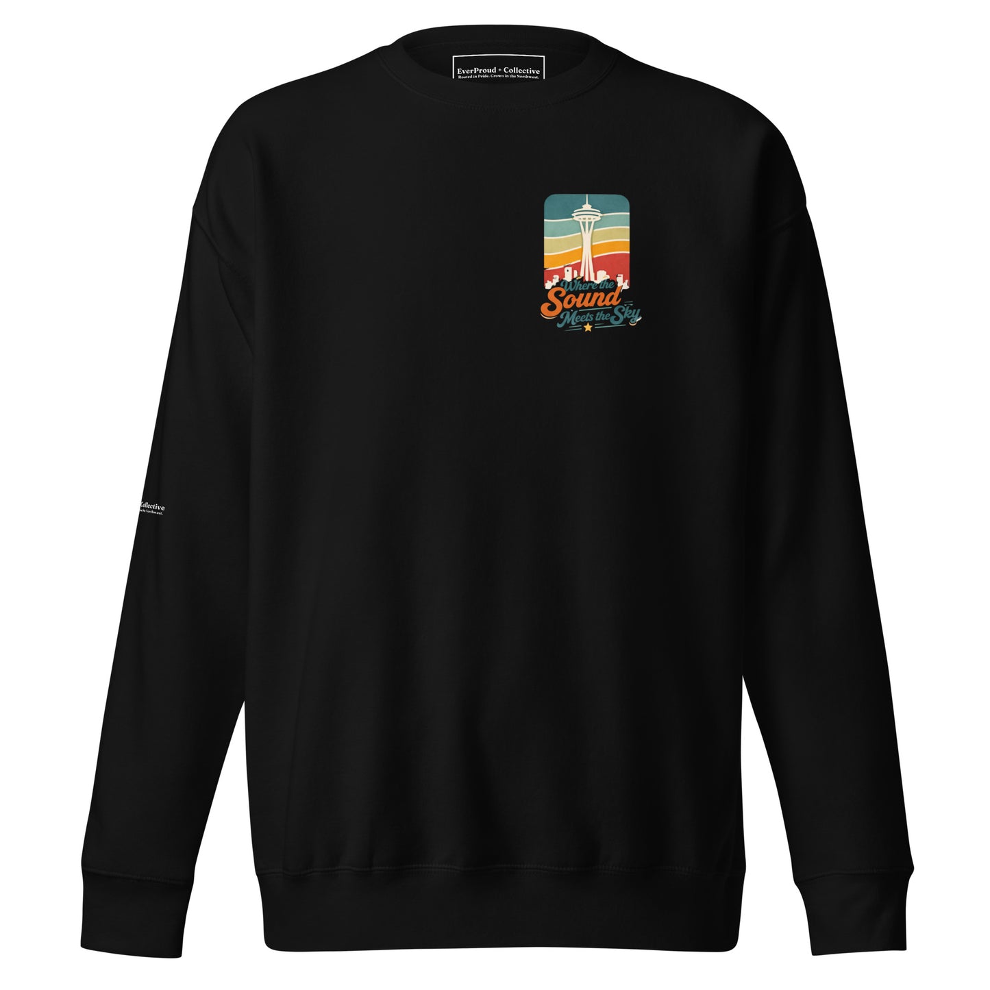 Where the Sound Meets the Sky Sweatshirt — black, front view, queer-owned PNW Pride apparel