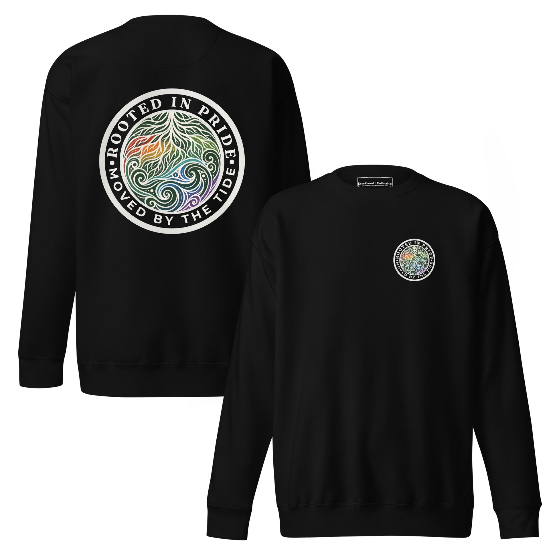 Moved by the Tide Sweatshirt — black, front and back view, queer-owned PNW Pride apparel