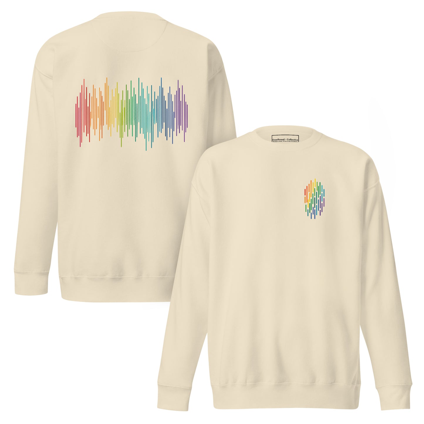 PrideFall Sweatshirt — bone, front and back view, queer-owned PNW Pride apparel