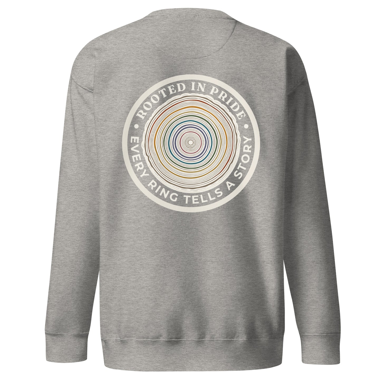 Quiet Rings Sweatshirt — carbon grey, back view, queer-owned PNW Pride apparel