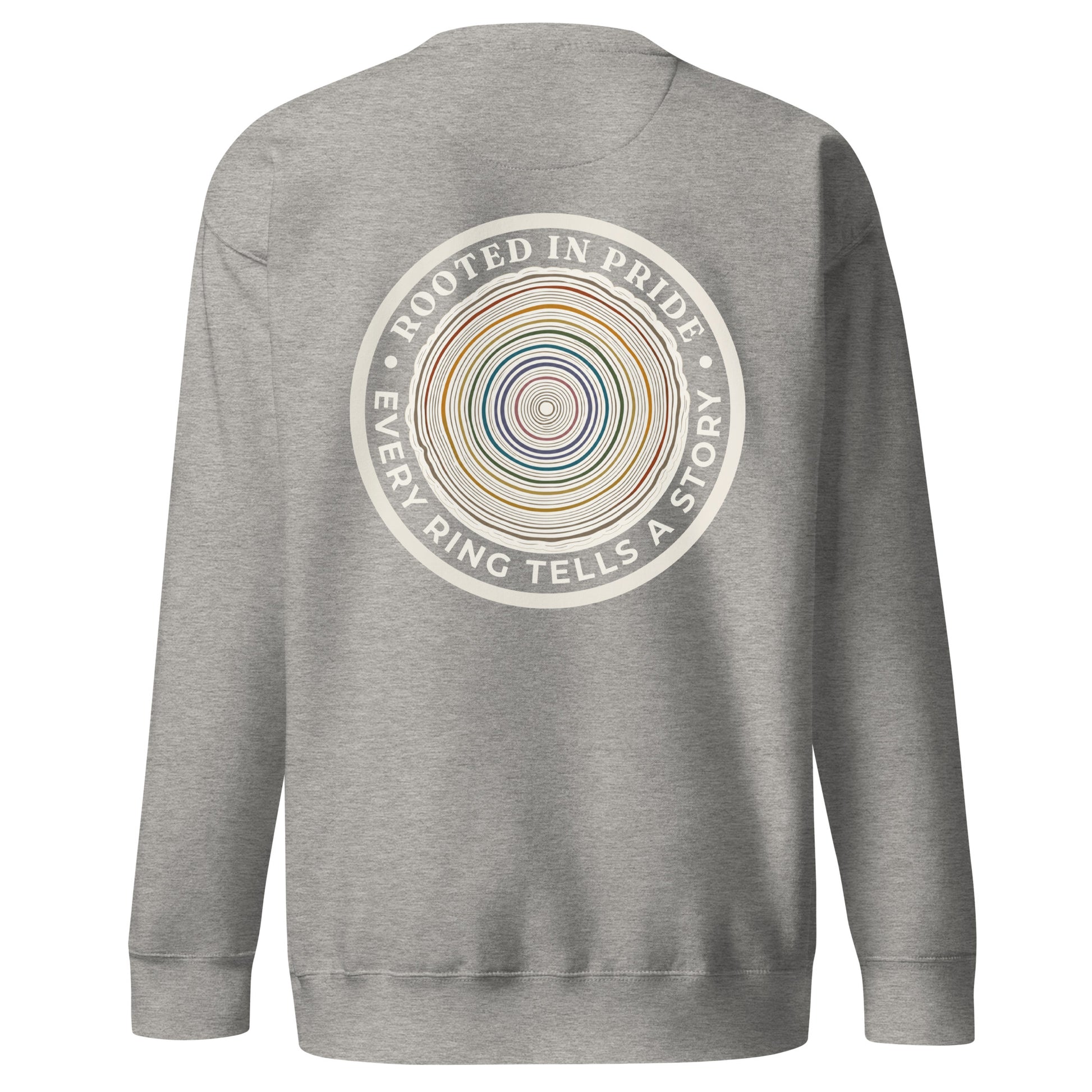 Quiet Rings Sweatshirt — carbon grey, back view, queer-owned PNW Pride apparel