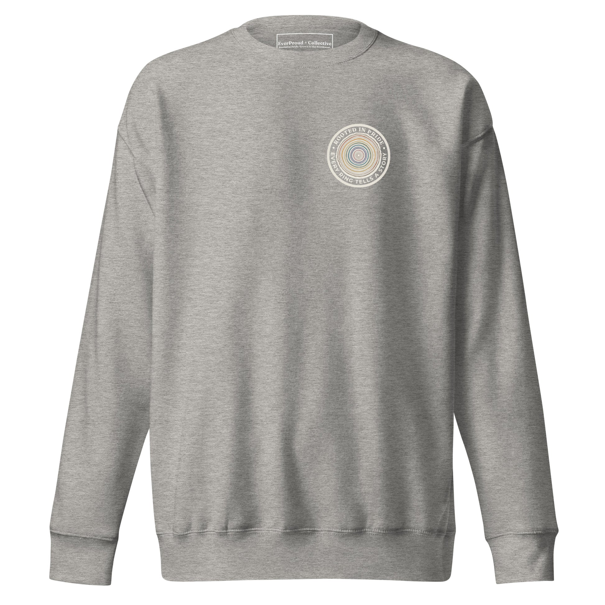 Quiet Rings Sweatshirt — carbon grey, front view, queer-owned PNW Pride apparel