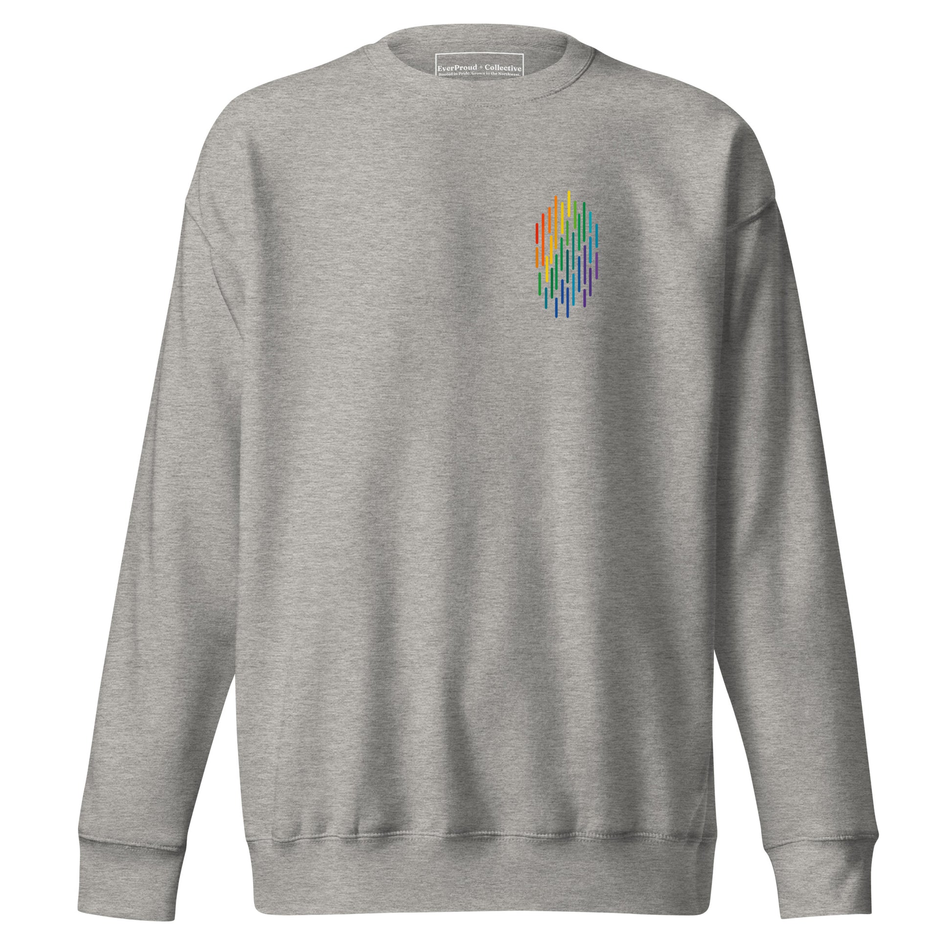 PrideFall Sweatshirt — carbon grey, front view, queer-owned PNW Pride apparel