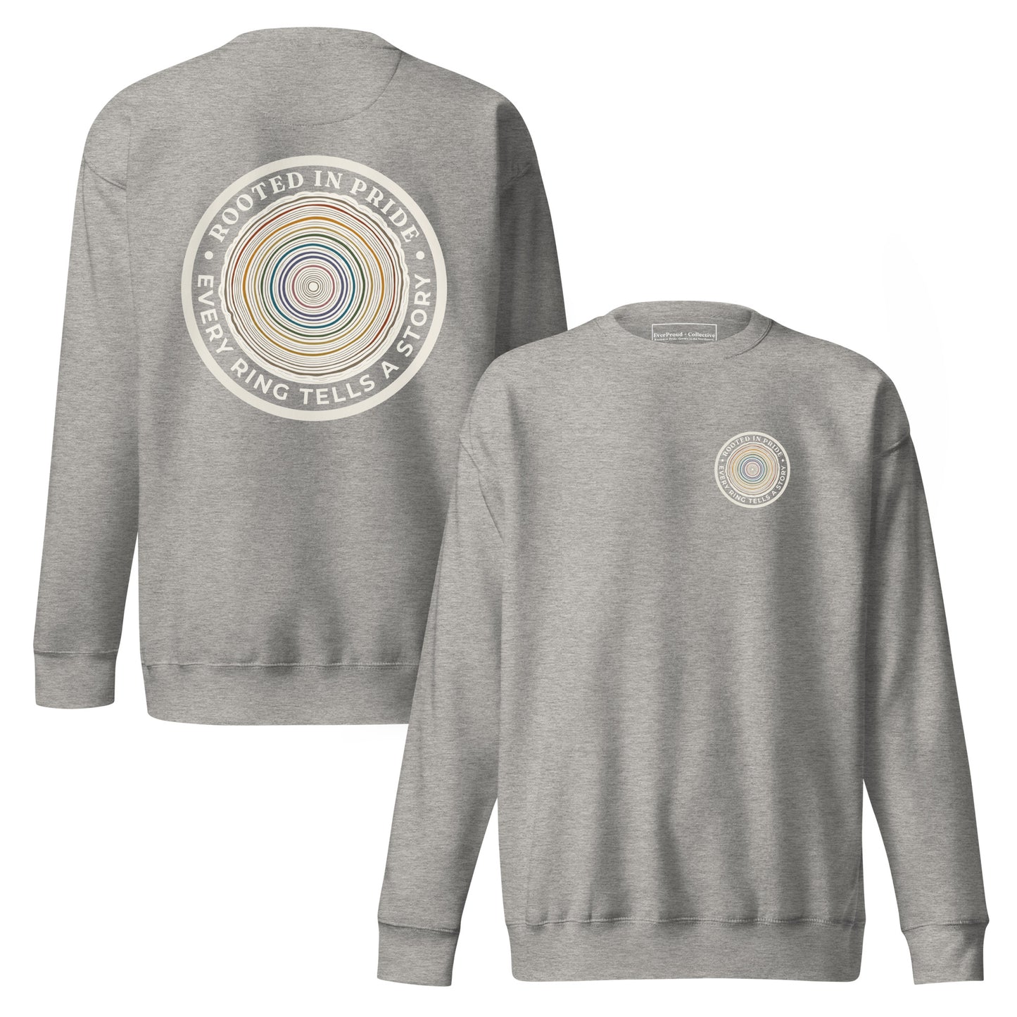 Quiet Rings Sweatshirt — carbon grey, front and back view, queer-owned PNW Pride apparel