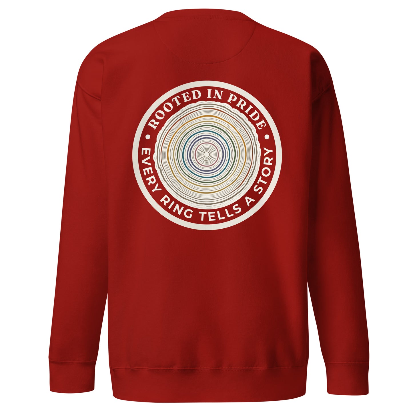 Quiet Rings Sweatshirt — cardinal, back view, queer-owned PNW Pride apparel