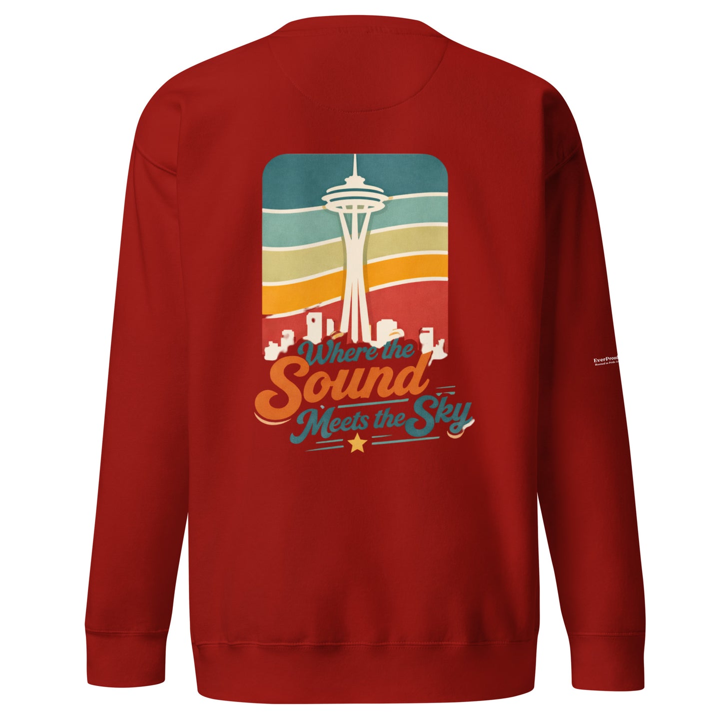 Where the Sound Meets the Sky Sweatshirt — cardinal, back view, queer-owned PNW Pride apparel