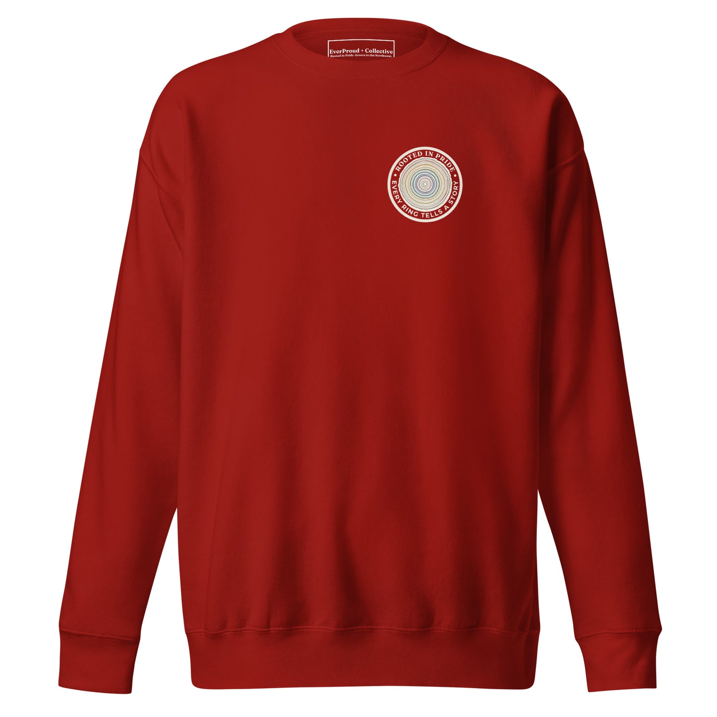 Quiet Rings Sweatshirt — cardinal, front view, queer-owned PNW Pride apparel