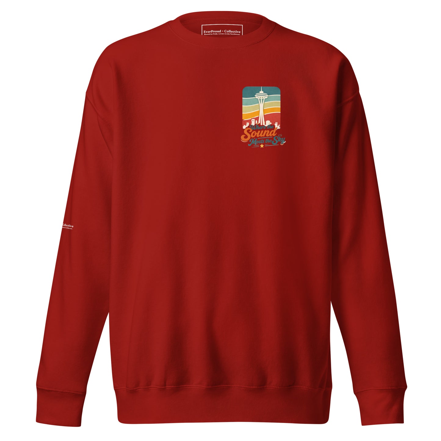 Where the Sound Meets the Sky Sweatshirt — cardinal, front view, queer-owned PNW Pride apparel