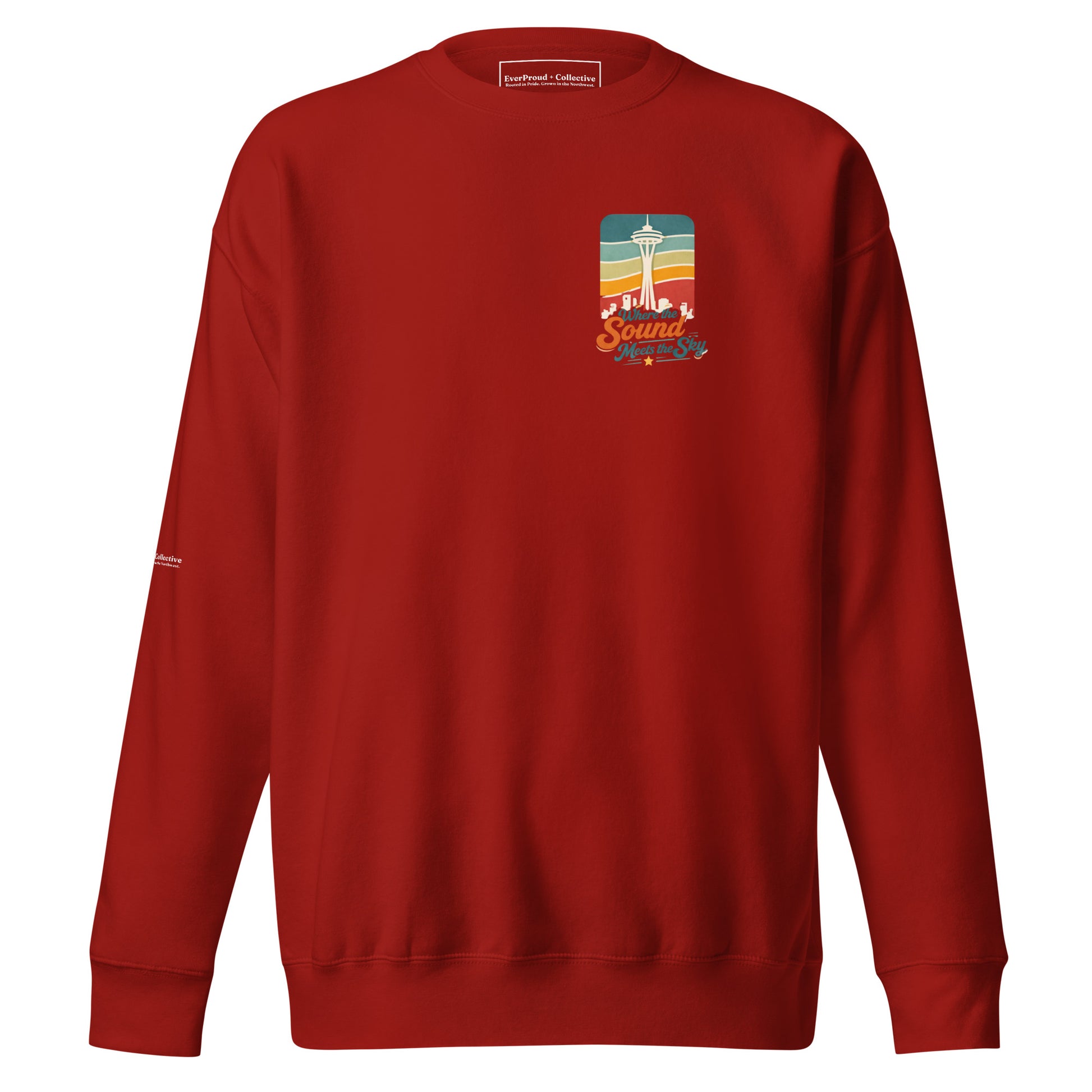 Where the Sound Meets the Sky Sweatshirt — cardinal, front view, queer-owned PNW Pride apparel