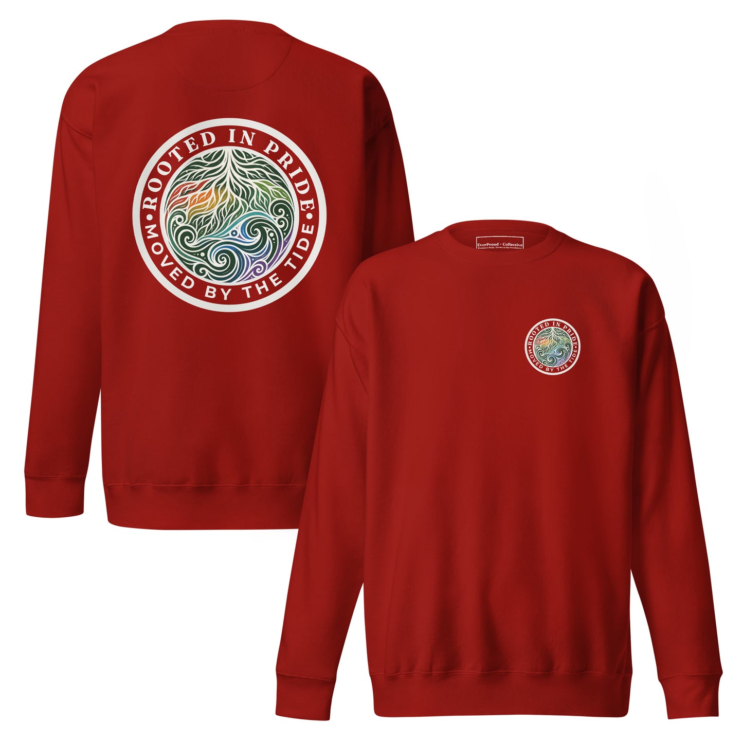 Moved by the Tide Sweatshirt — cardinal, front and back view, queer-owned PNW Pride apparel