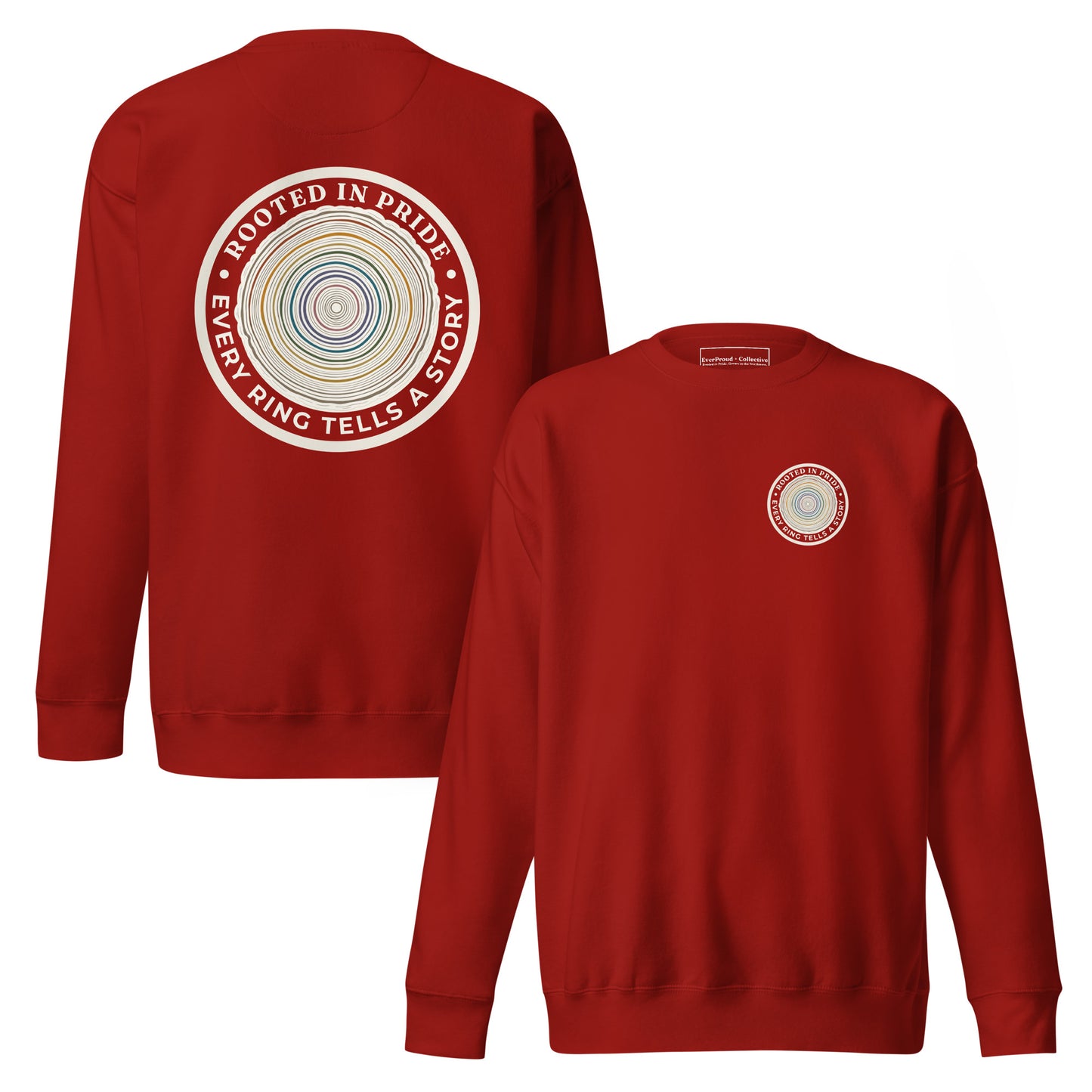 Quiet Rings Sweatshirt — cardinal, front and back view, queer-owned PNW Pride apparel