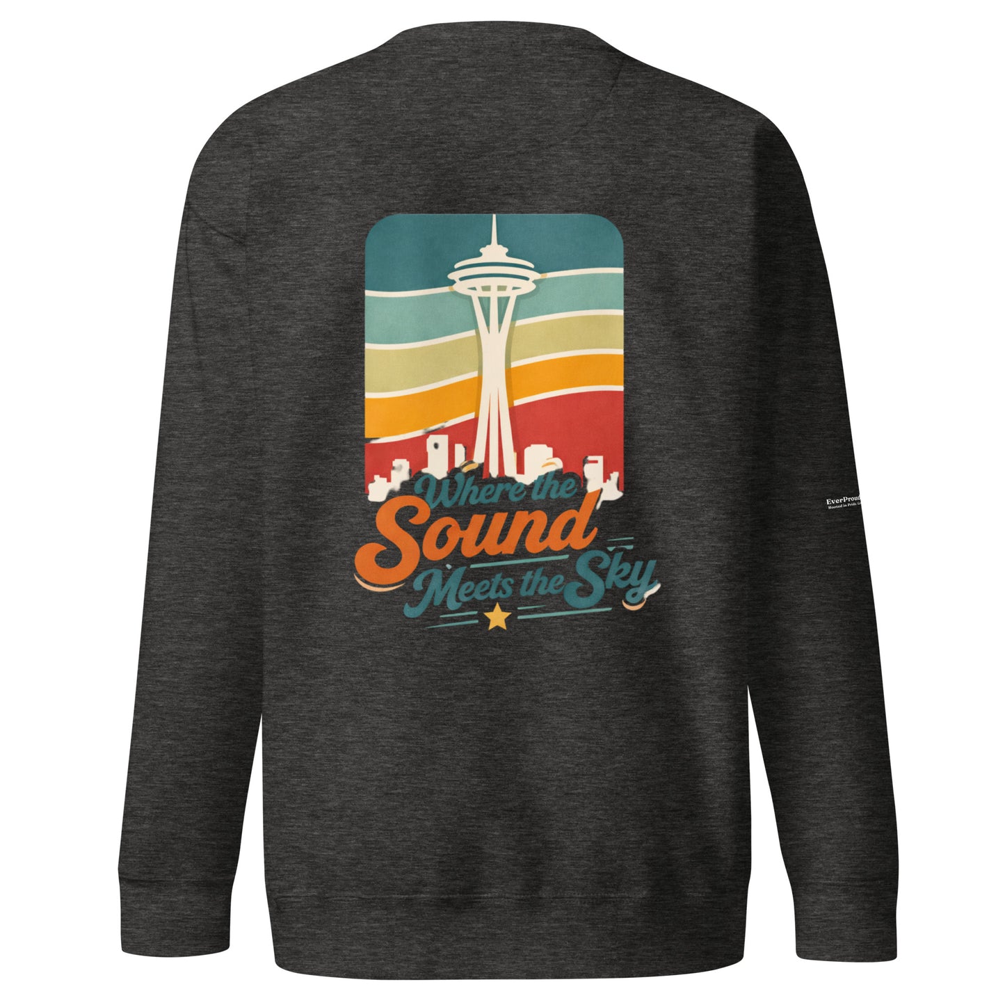 Where the Sound Meets the Sky Sweatshirt — charcoal heather, back view, queer-owned PNW Pride apparel