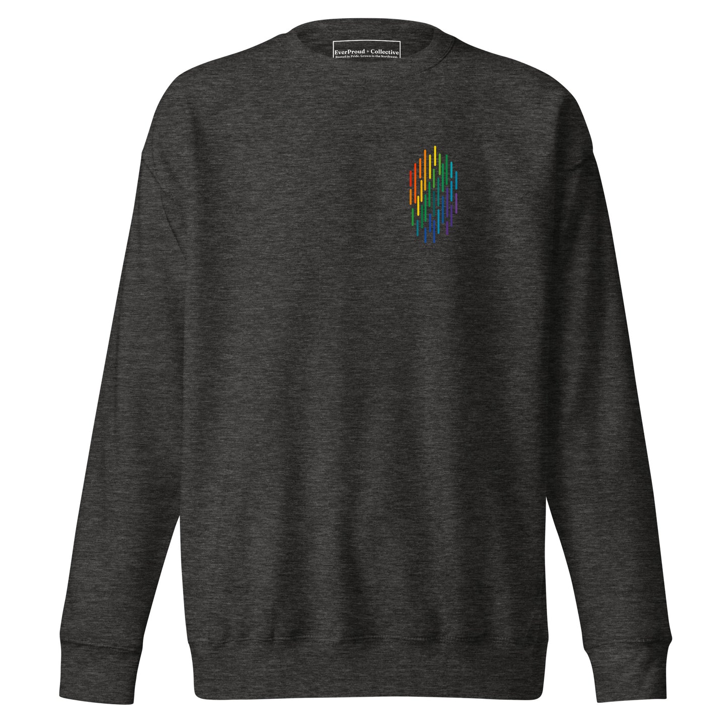 PrideFall Sweatshirt — charcoal heather, front view, queer-owned PNW Pride apparel