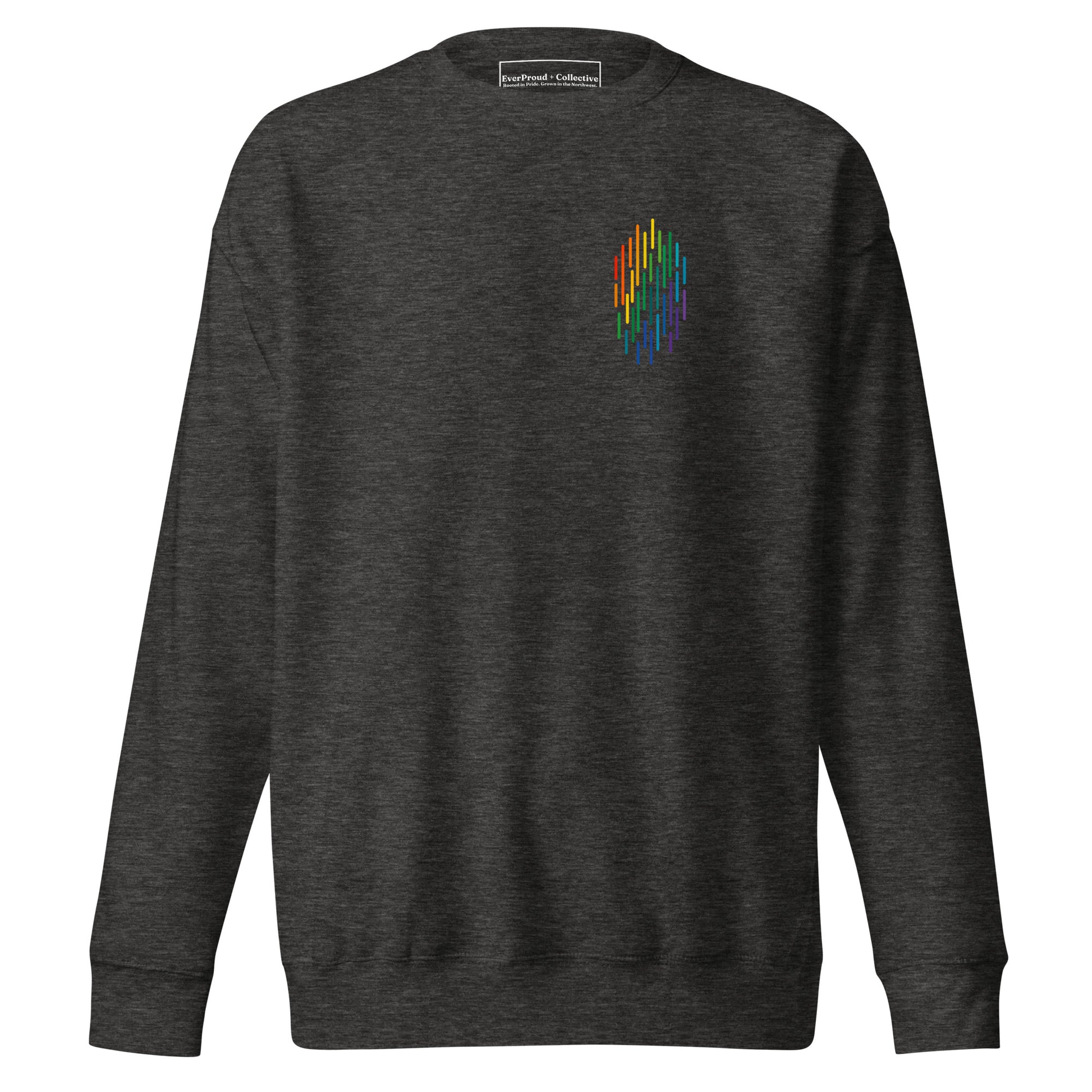 PrideFall Sweatshirt — charcoal heather, front view, queer-owned PNW Pride apparel