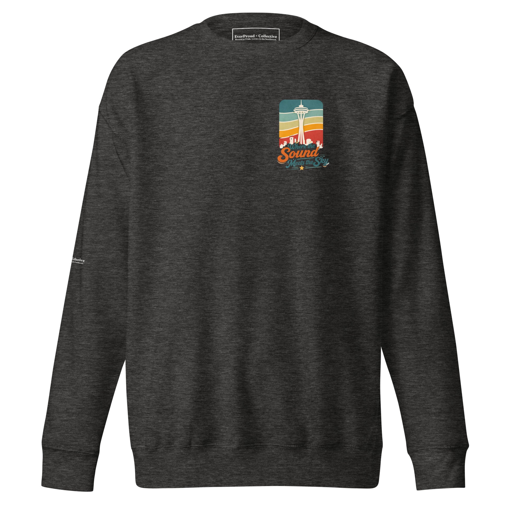 Where the Sound Meets the Sky Sweatshirt — charcoal heather, front view, queer-owned PNW Pride apparel