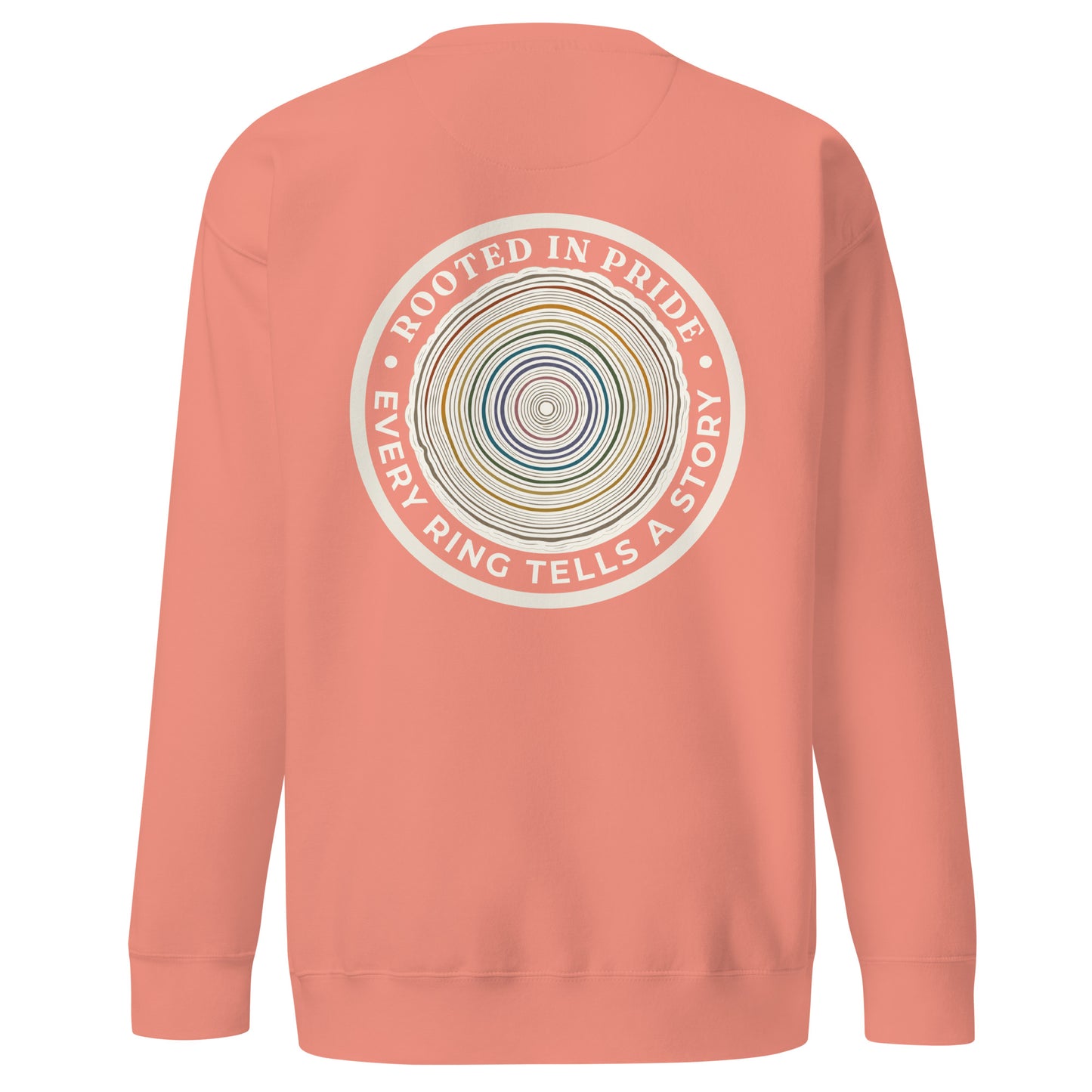 Quiet Rings Sweatshirt — dusty rose, back view, queer-owned PNW Pride apparel