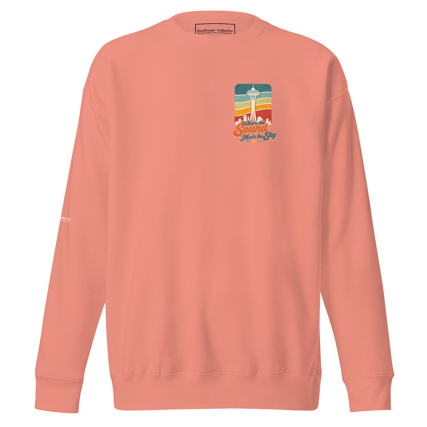 Where the Sound Meets the Sky Sweatshirt — dusty rose, front view, queer-owned PNW Pride apparel