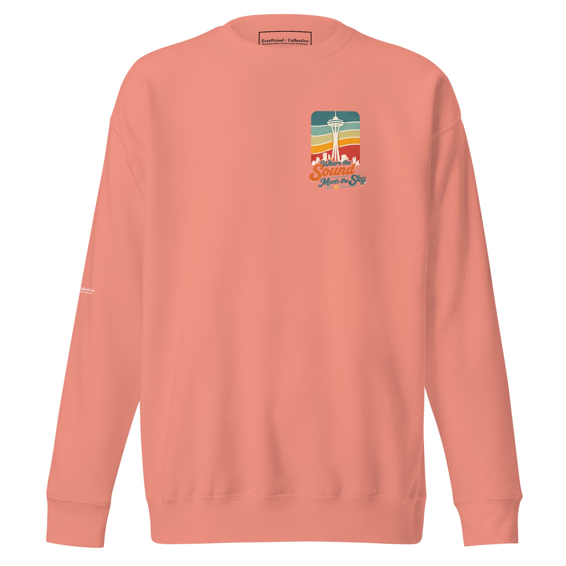 Where the Sound Meets the Sky Sweatshirt — dusty rose, front view, queer-owned PNW Pride apparel