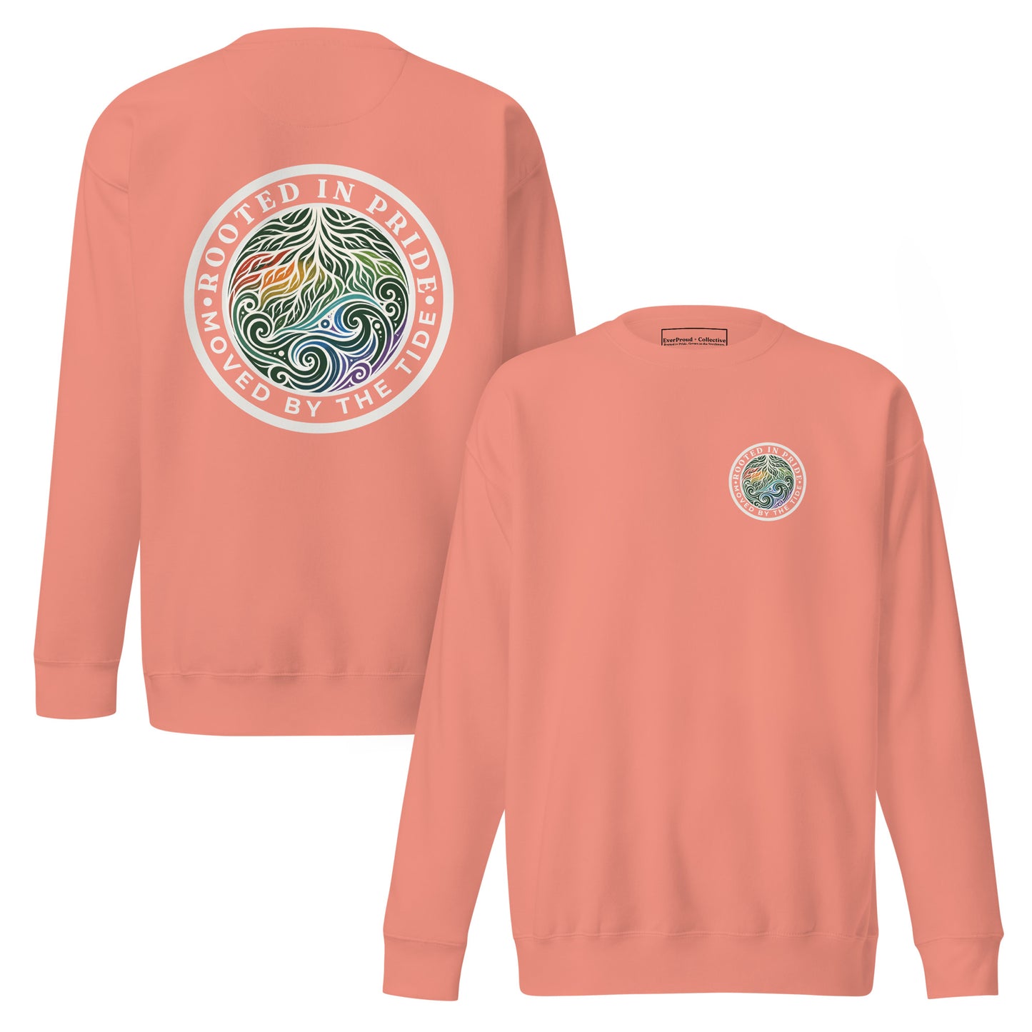 Moved by the Tide Sweatshirt — dusty rose, front and back view, queer-owned PNW Pride apparel