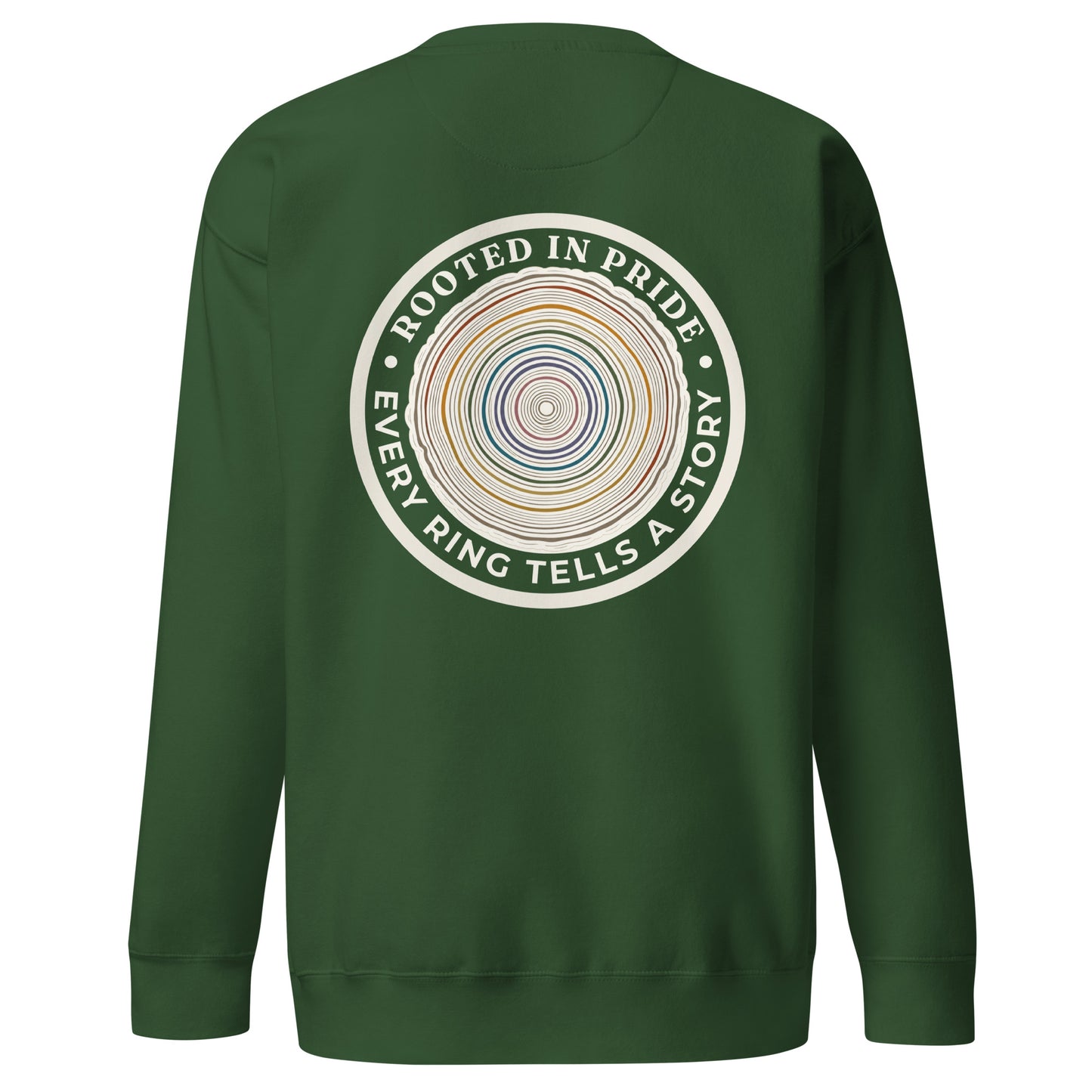 Quiet Rings Sweatshirt — forest green, back view, queer-owned PNW Pride apparel