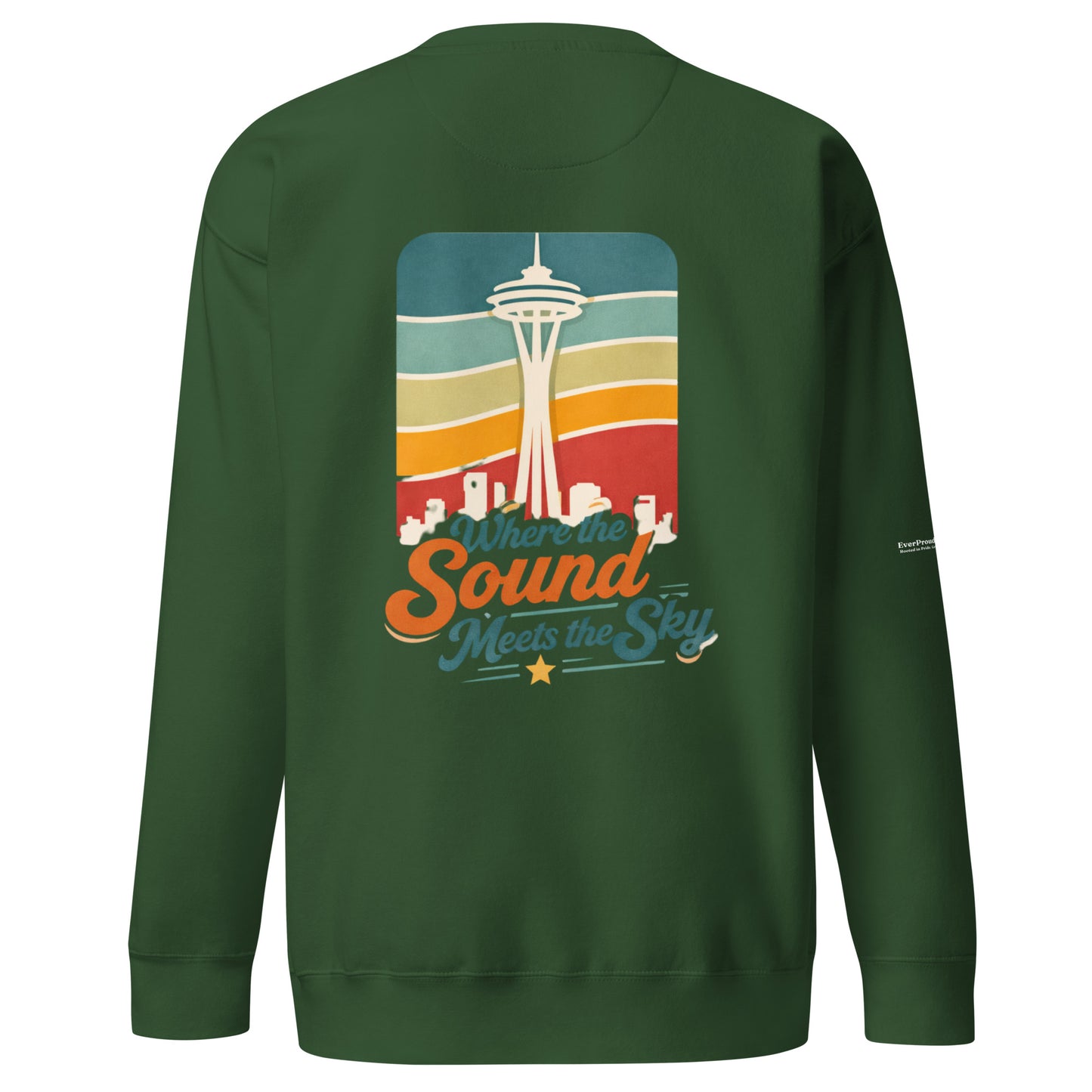 Where the Sound Meets the Sky Sweatshirt — forest green, back view, queer-owned PNW Pride apparel